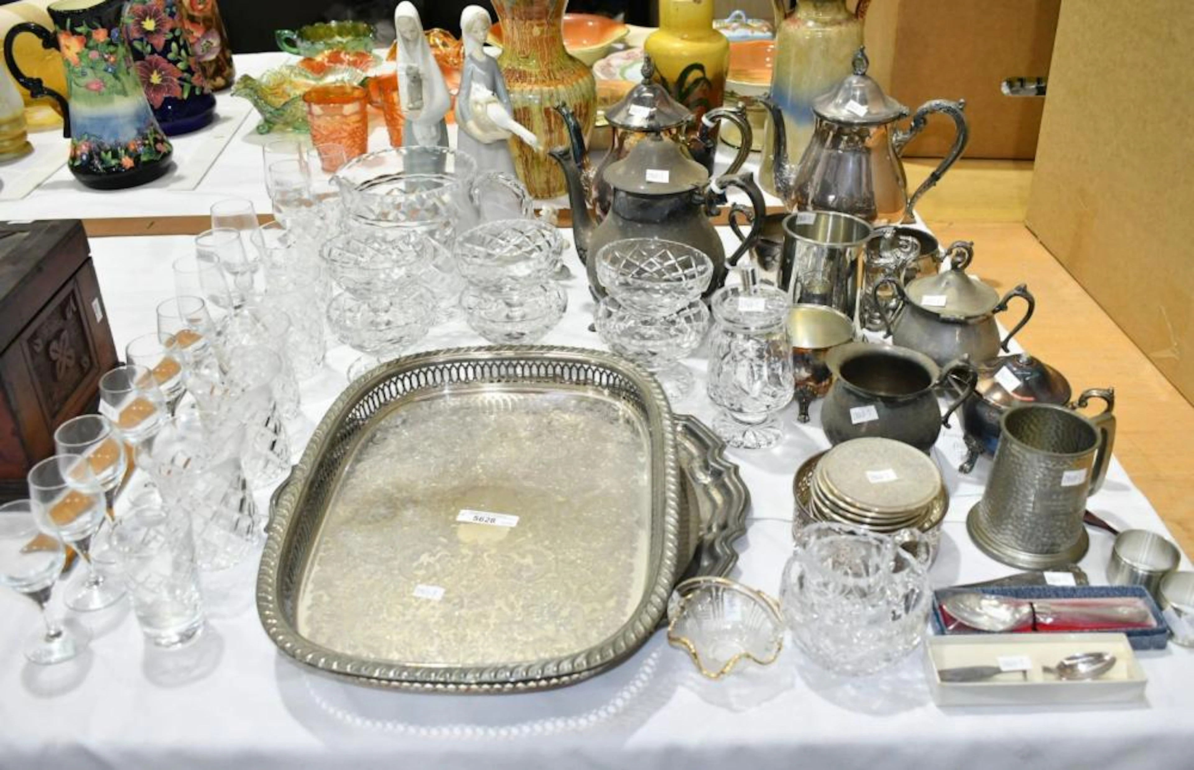 Assorted Silver Plate and Glassware - 2 figurines 1 Lladro (neck to duck broken)