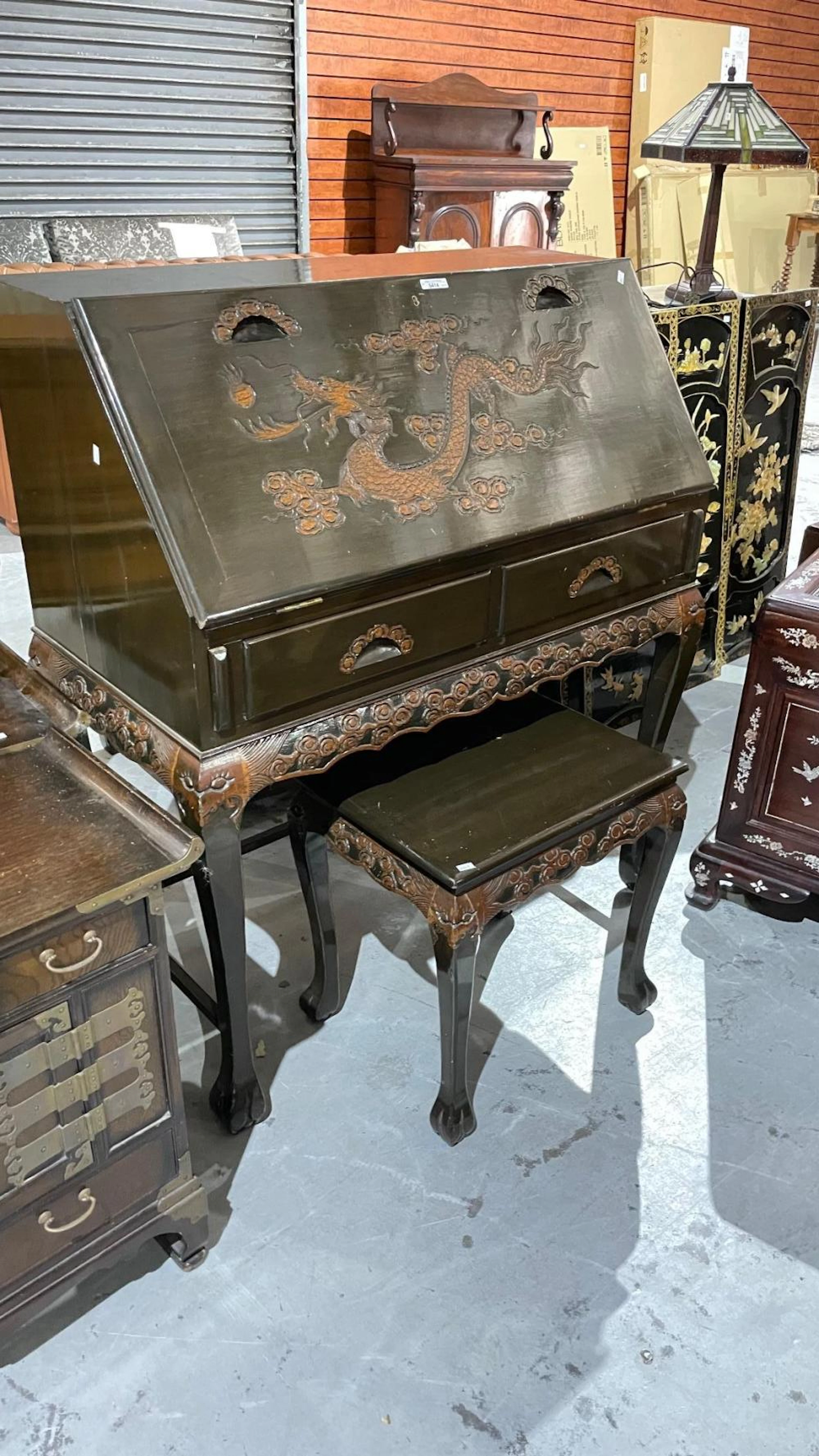 Vintage Chinese Drop Front Bureau Desk - carved dragon detail