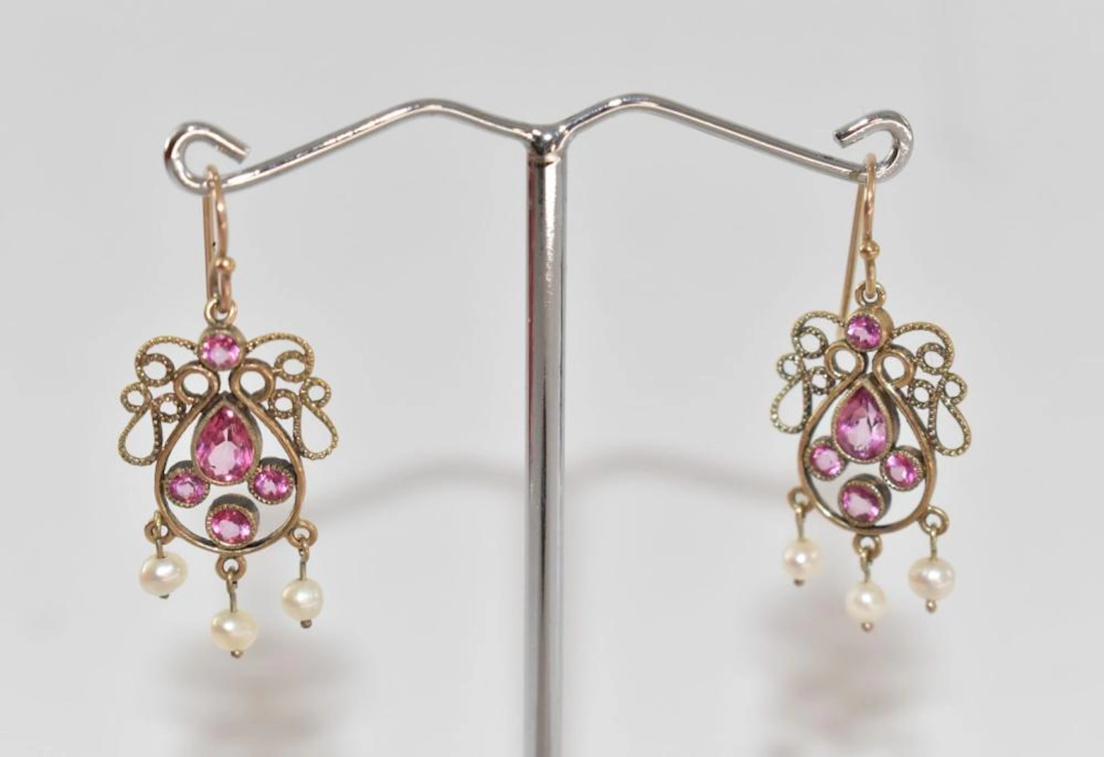 Pair of 9ct Yellow Gold Filigree Drop Earrings - set with...