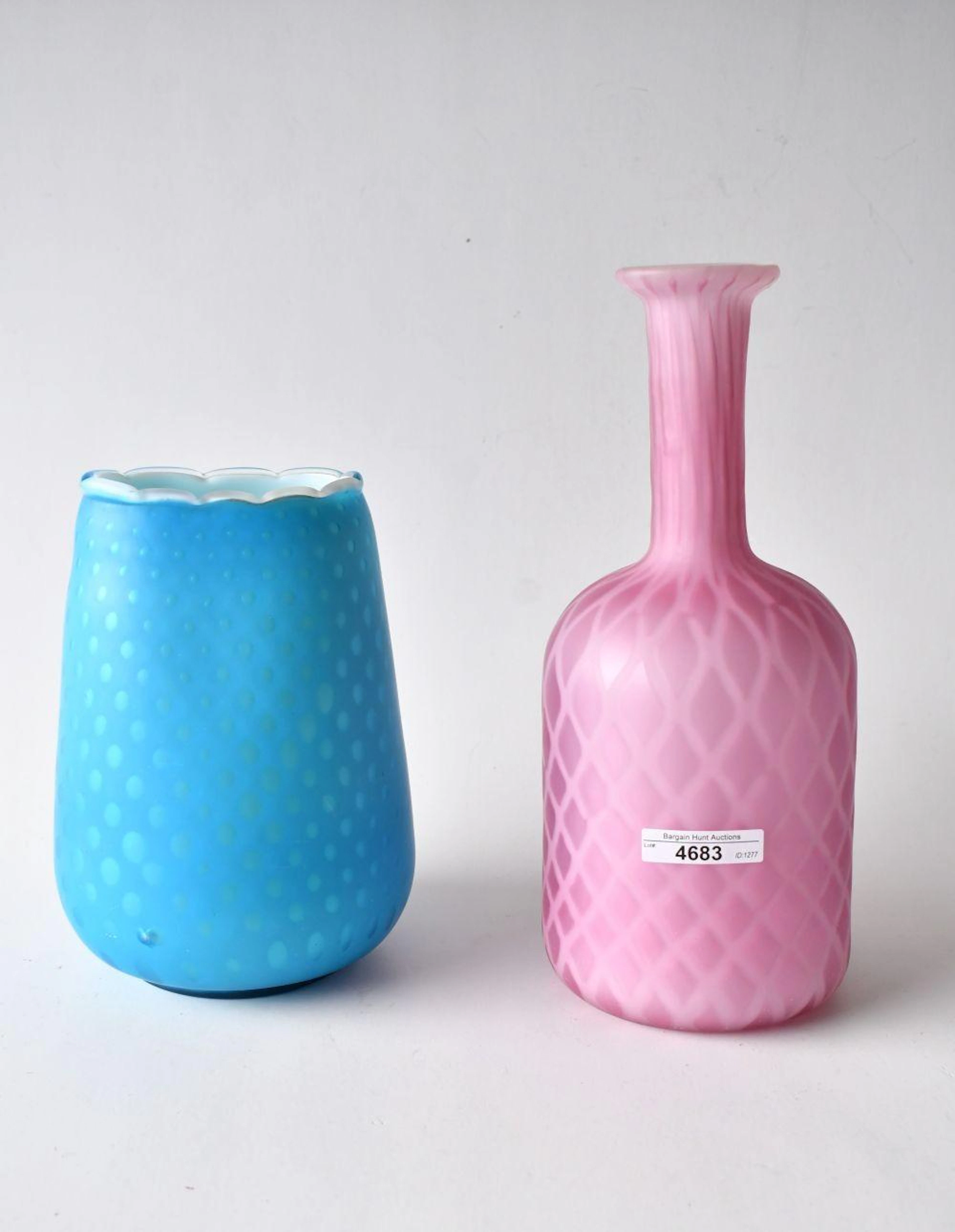 Two Antique Cased Satin Glass Vases - pink bottle shaped...