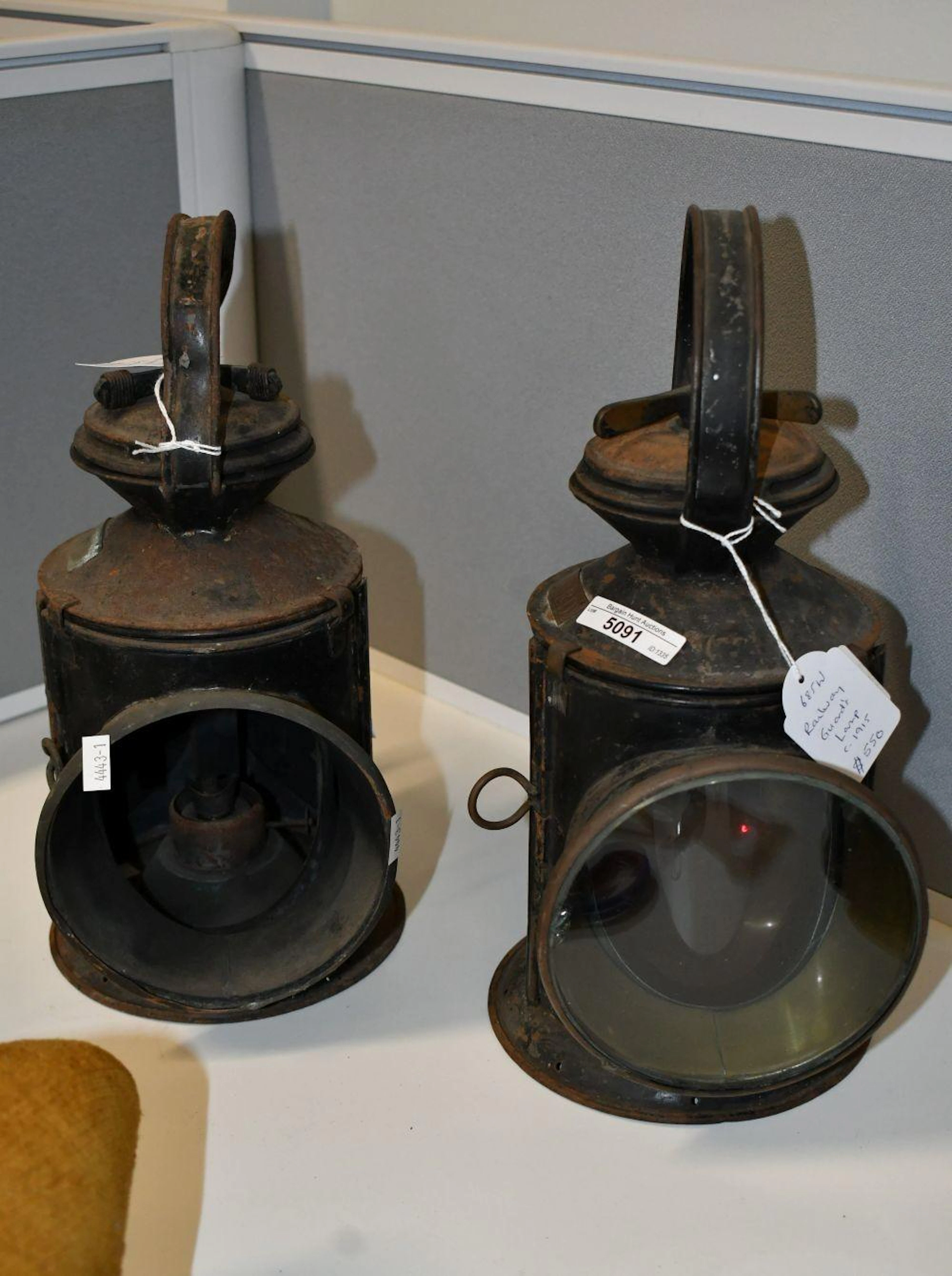 2 x Antique Black Metal Railway Guard?s Lamps - one with plaque GARD