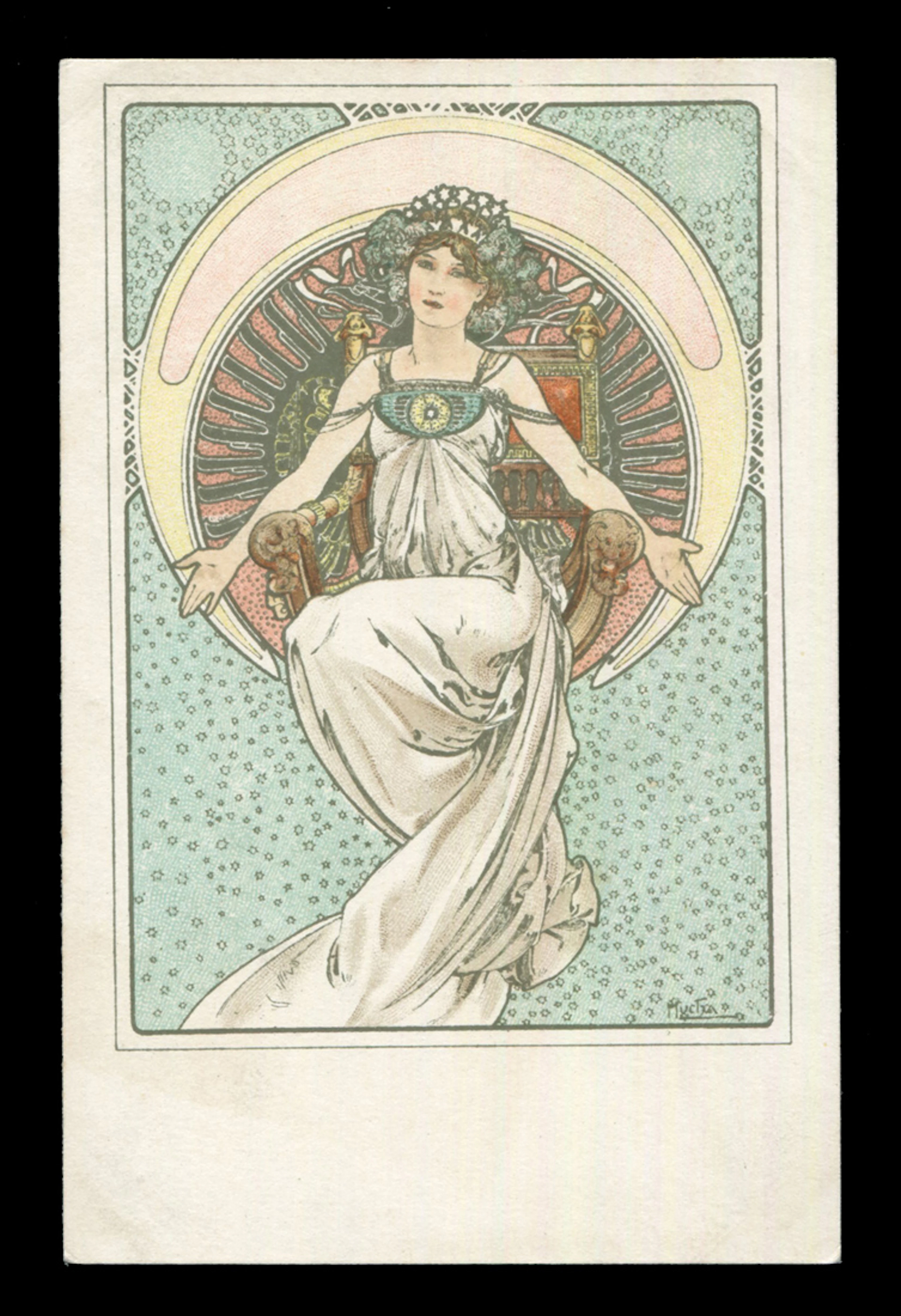 A FRENCH ART NOUVEAU COLOUR LITHOGRAPHIC POSTCARD BY ALPHONSE MUCHA