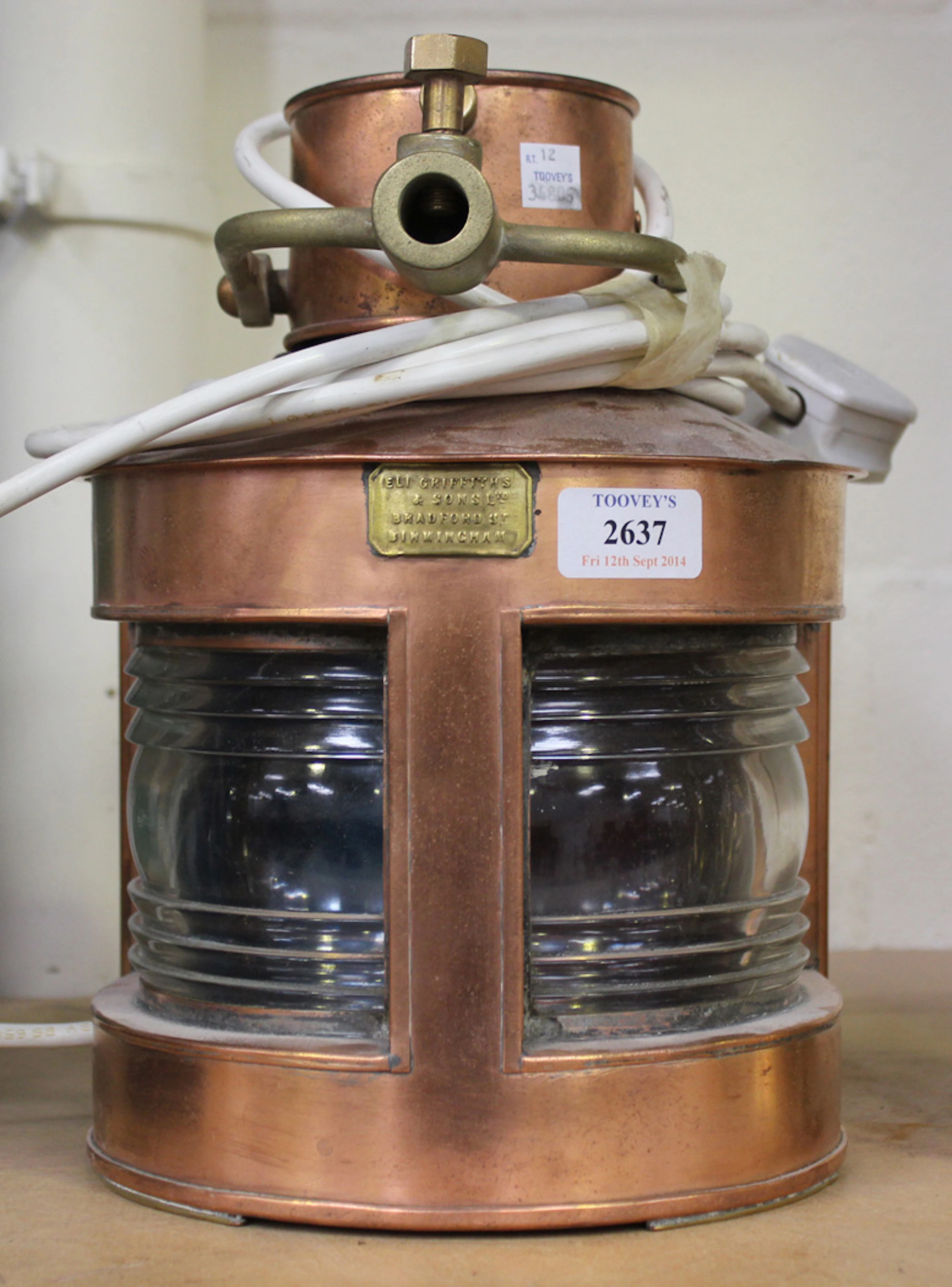 A COPPER MASTHEAD SHIP'S LIGHT WITH RED AND BLUE GLASS SHADES