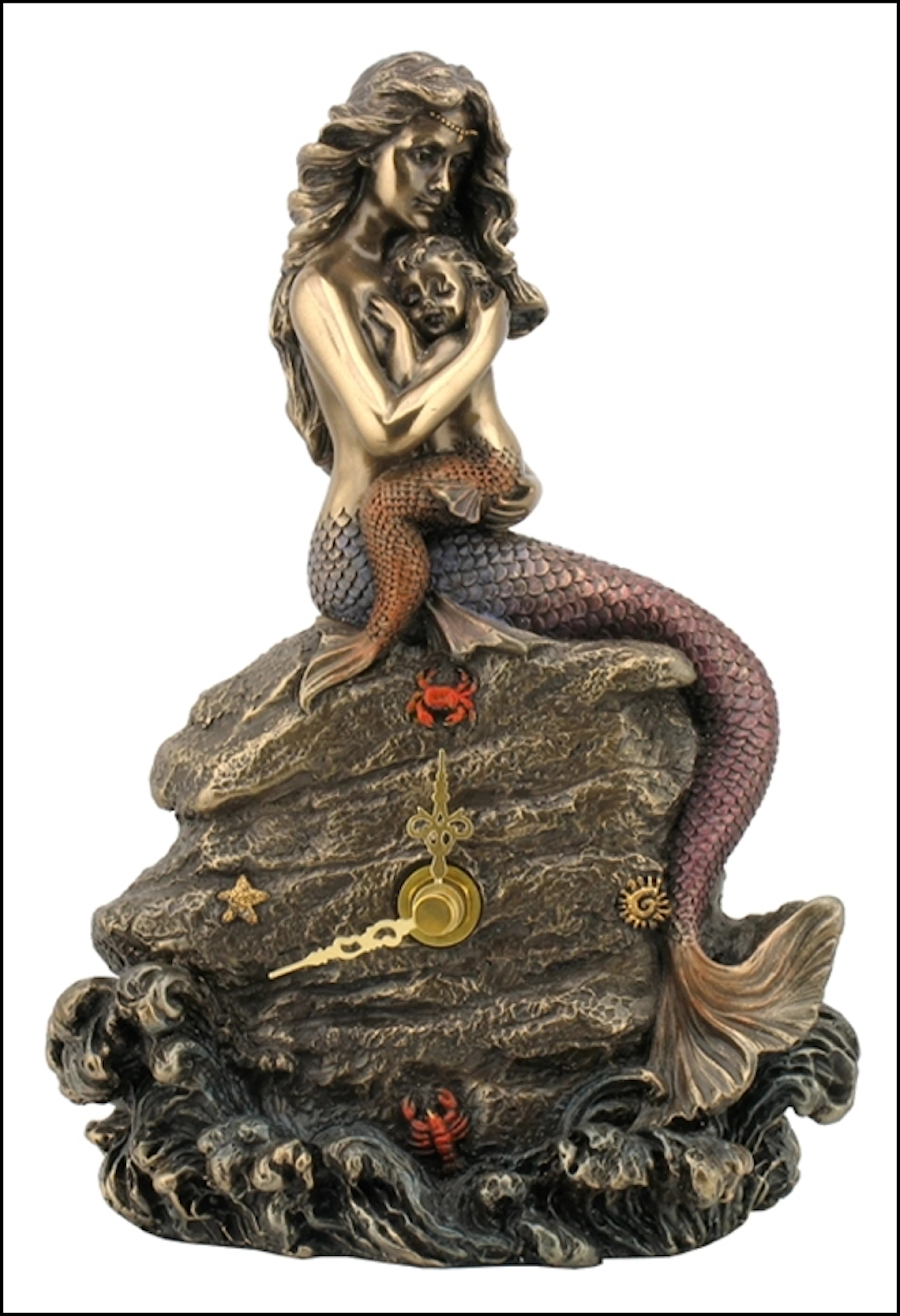 MERMAID MOTHER AND BABY SITTING ON SEASIDE ROCK CLOCK - Cold Cast Bronze