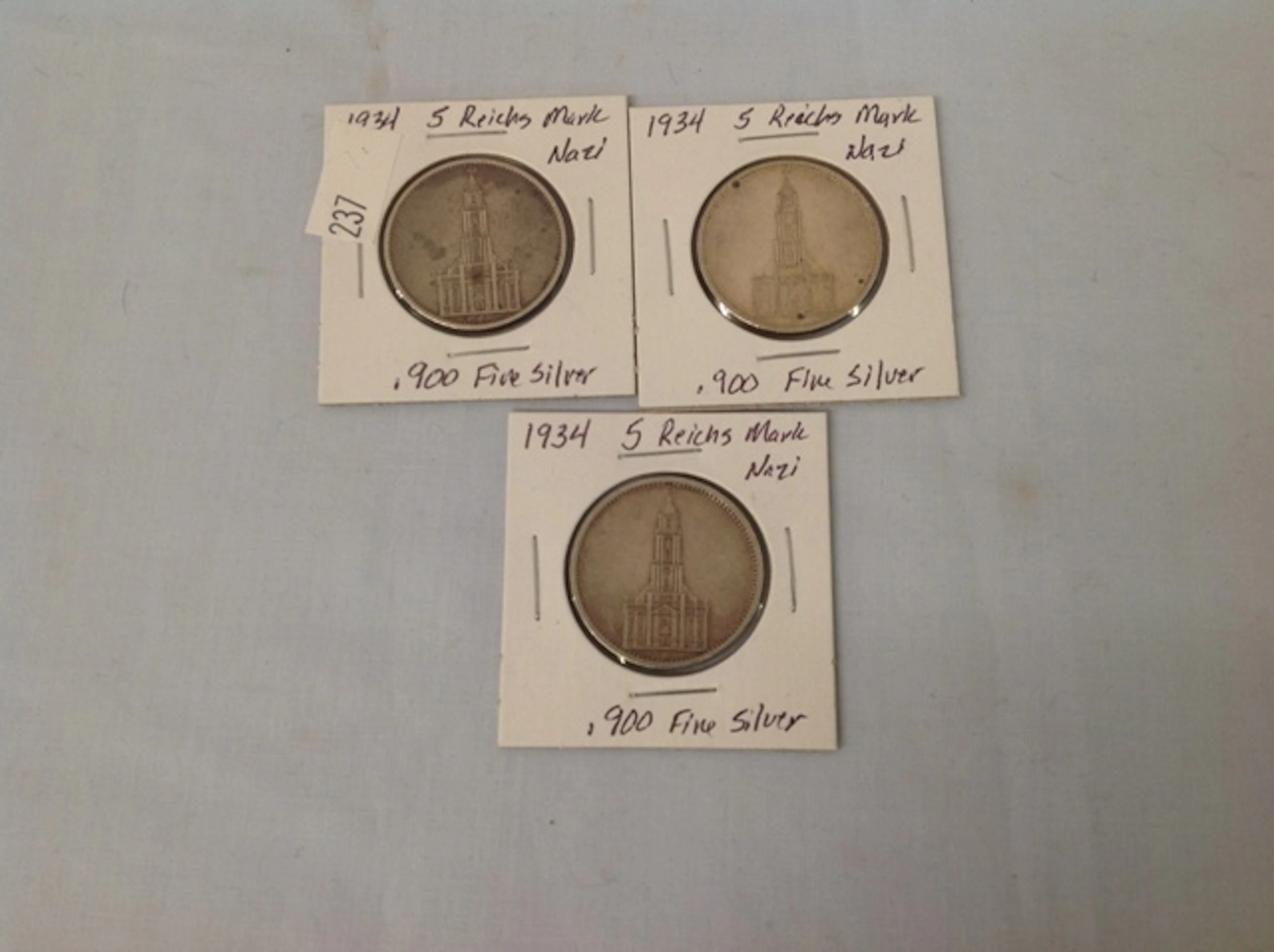 Three 1934 original Deutsches  Reich   5 Reichsmark  .900 Fine Silver