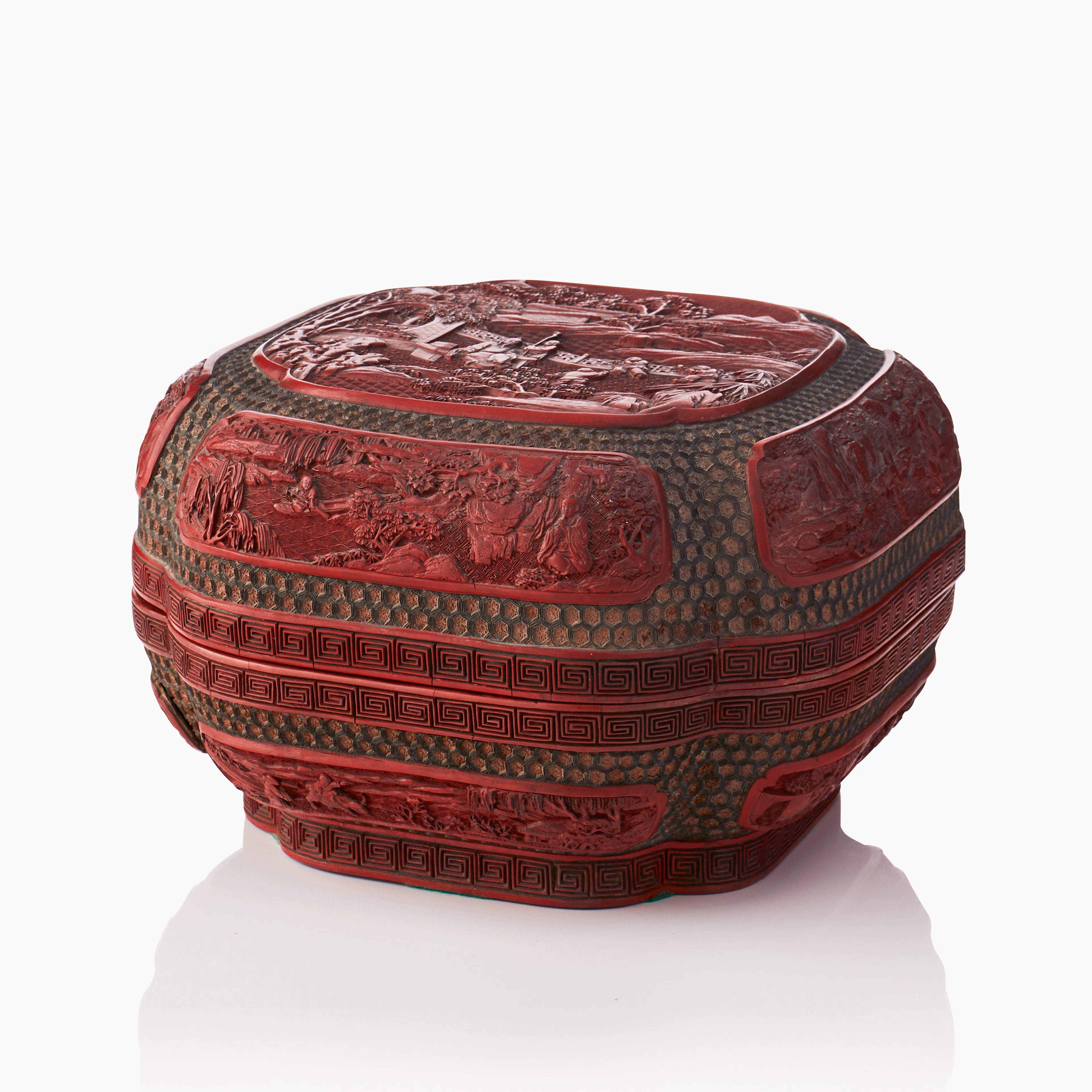 An Imposing Carved Cinnabar Lacquer Quatrefoil Box and Cover
