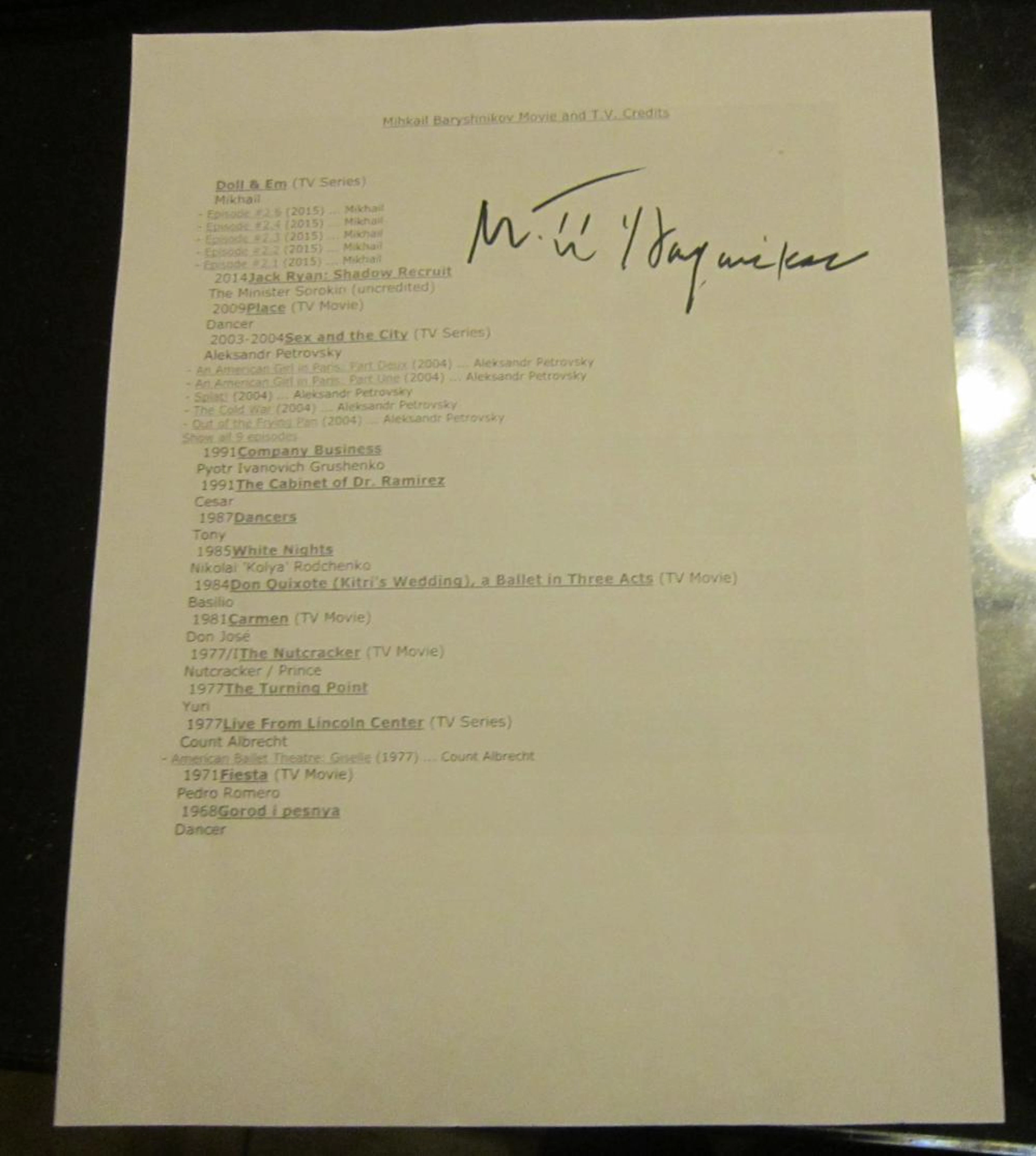 Mihkail Baryshnikov Hand Signed Movie & T.V. Credits Page