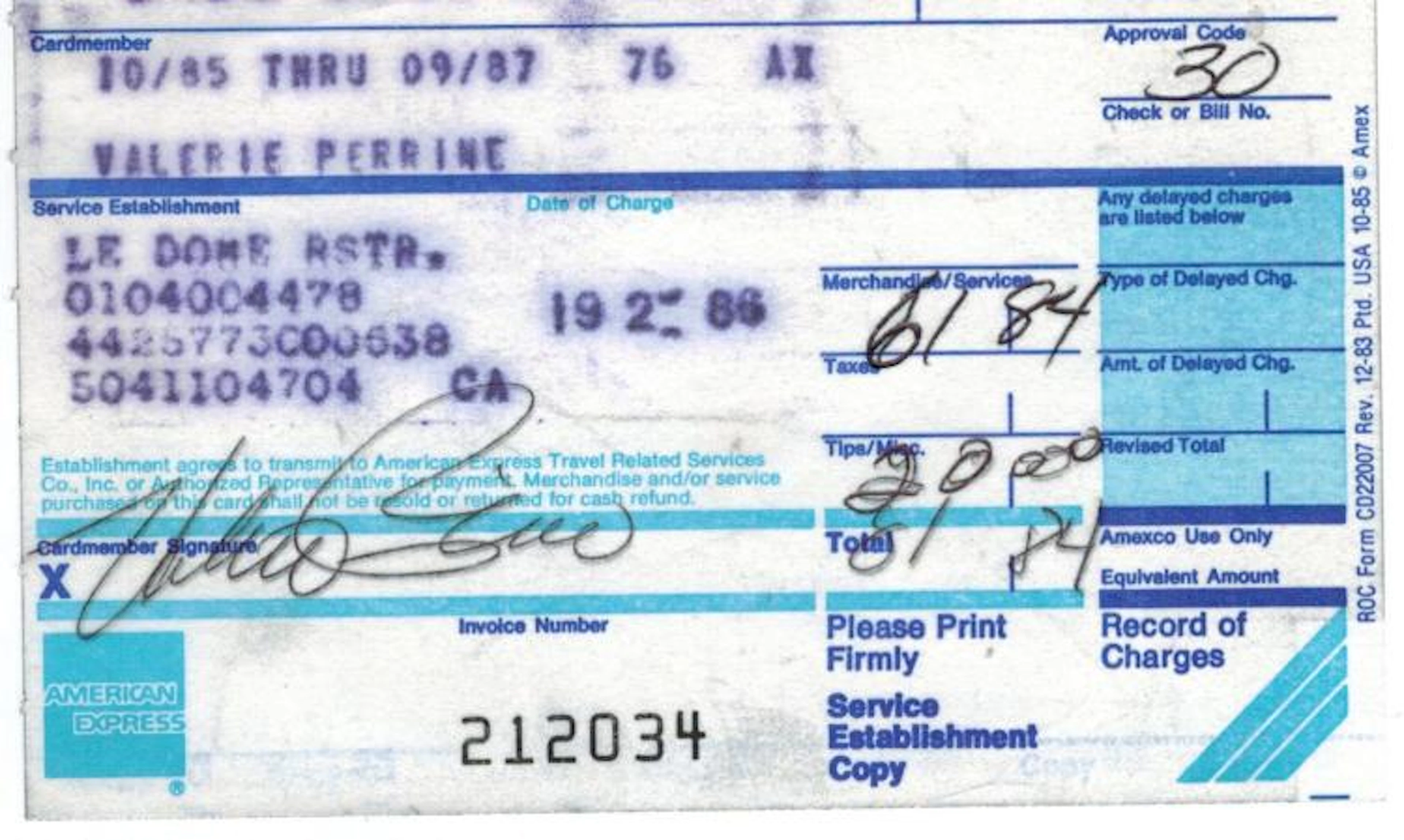 Valerie Perrine Hand Signed Credit Card Receipt From The...