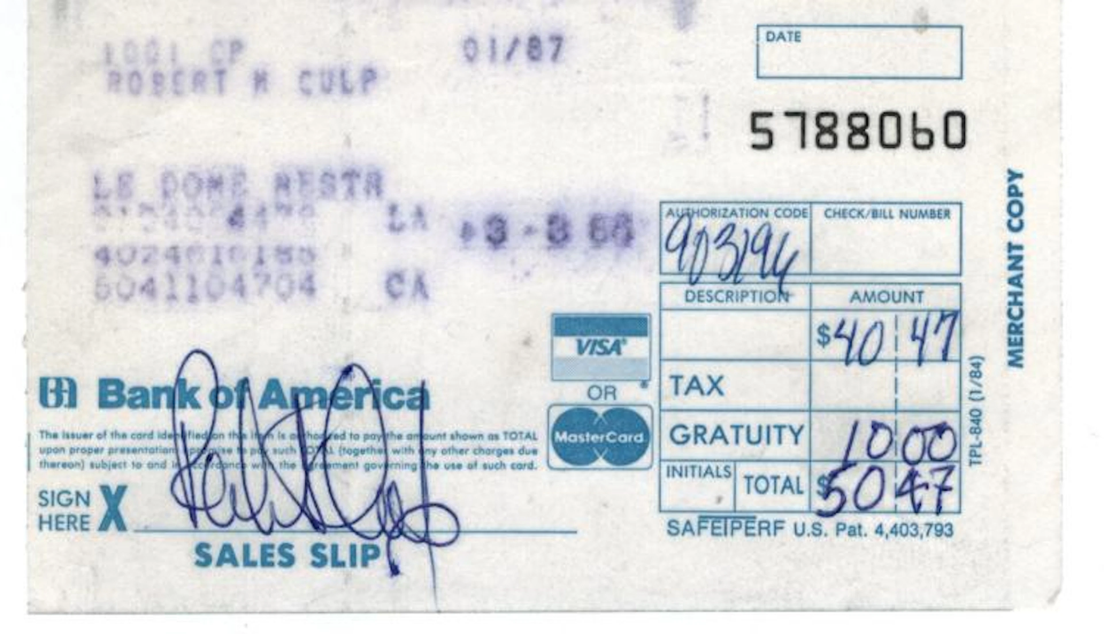 Robert Culp Hand Signed Credit Card Receipt From The...
