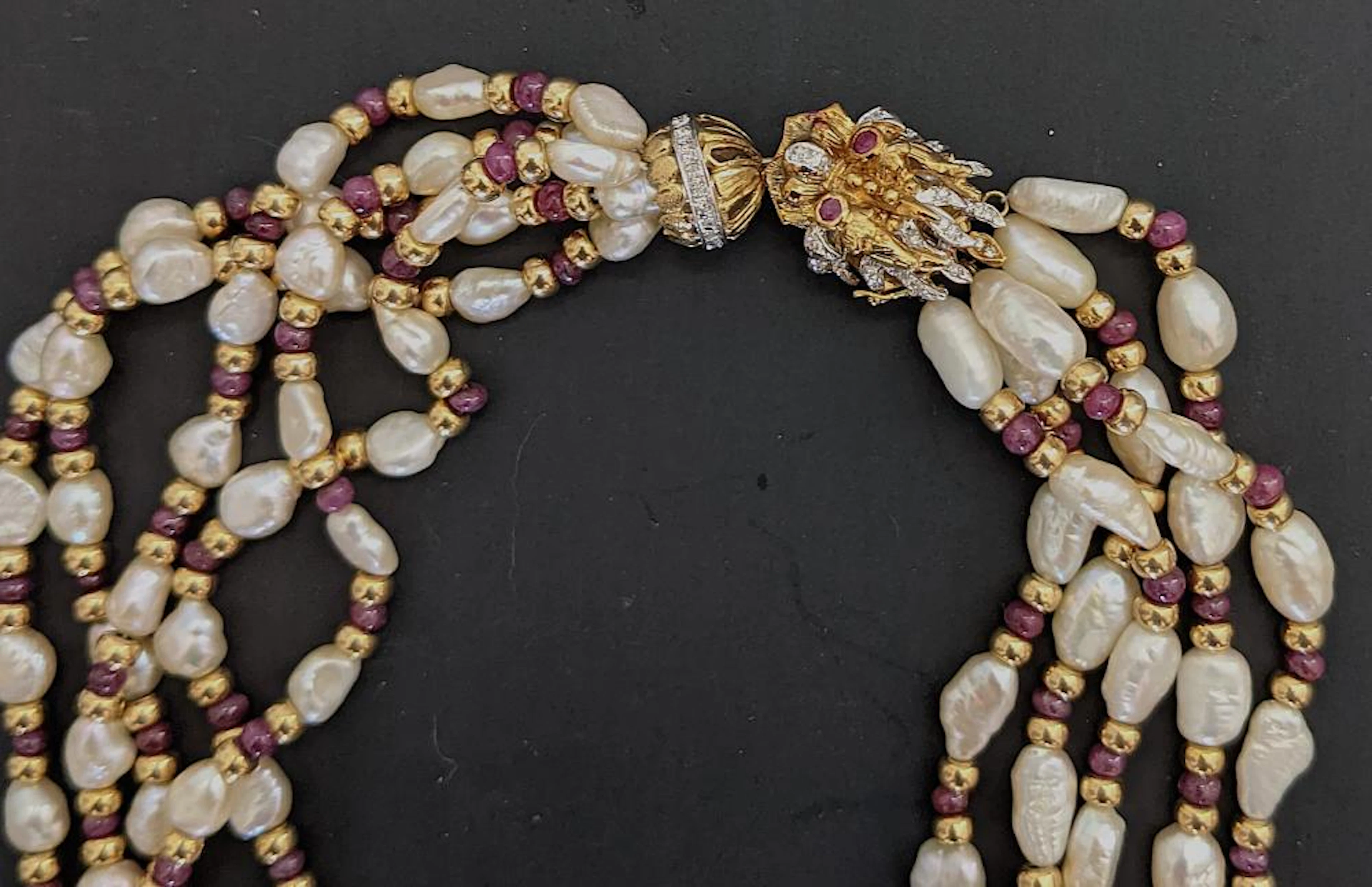 Vintage Necklace Freshwater Pearls Gold 14K Rubies Diamonds 20" 5-Strand