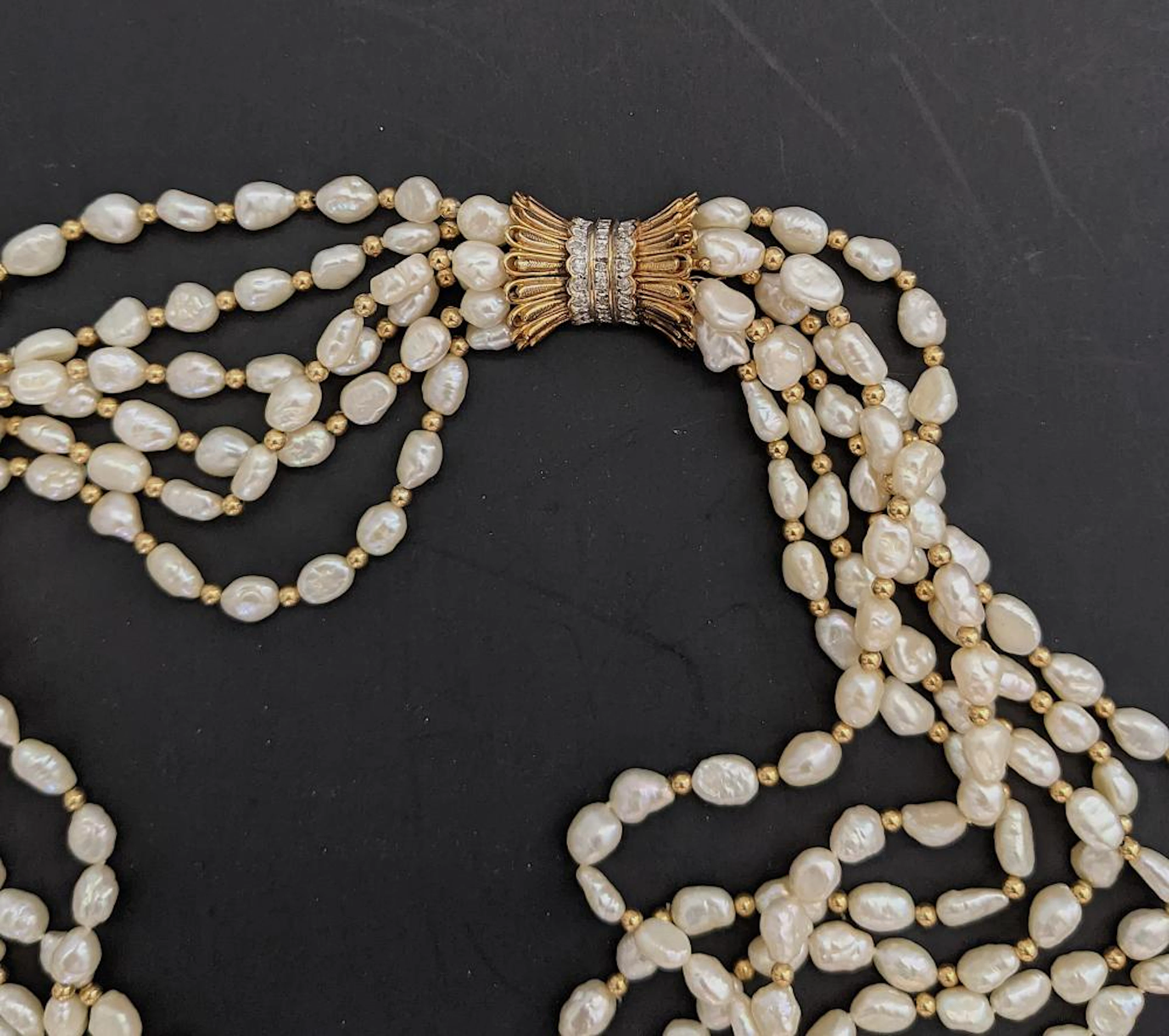 Vintage Necklace Freshwater Pearls Gold 14K Diamonds 36" 6-Strand