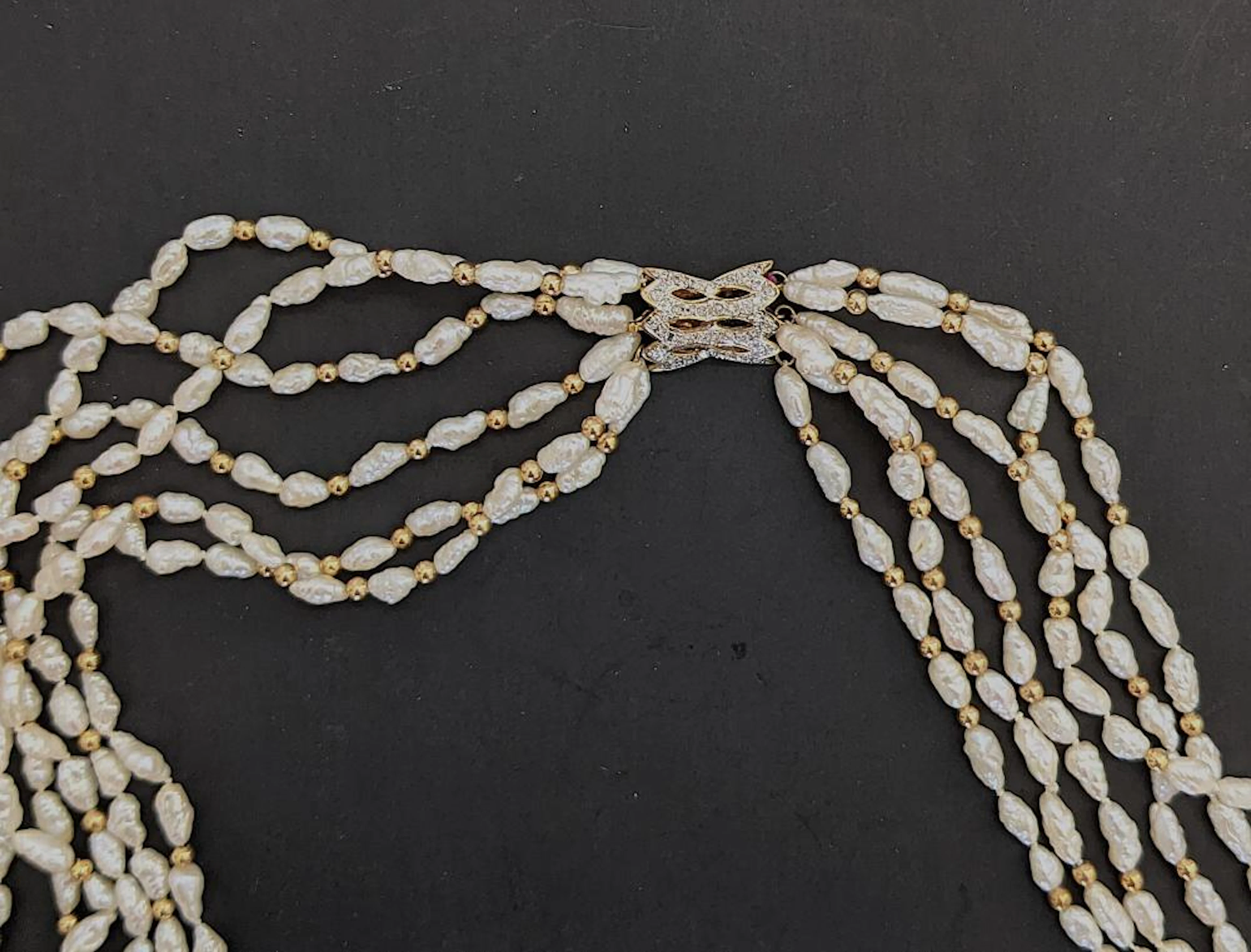 Vintage Necklace Freshwater Pearls Gold 14K Diamonds 36" 6-Strand
