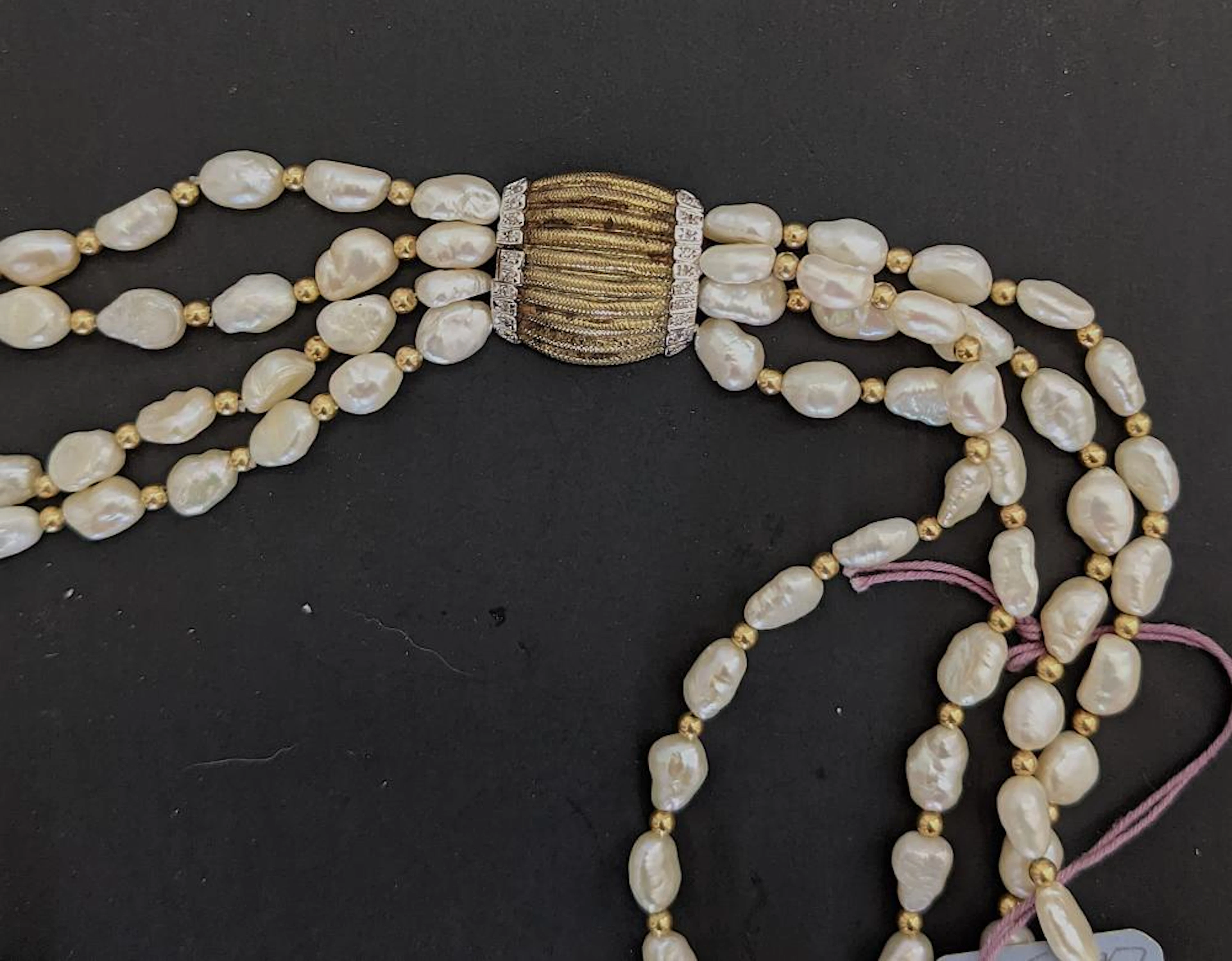 Vintage Necklace Freshwater Pearls Gold 14K Diamonds 36" 4-Strand