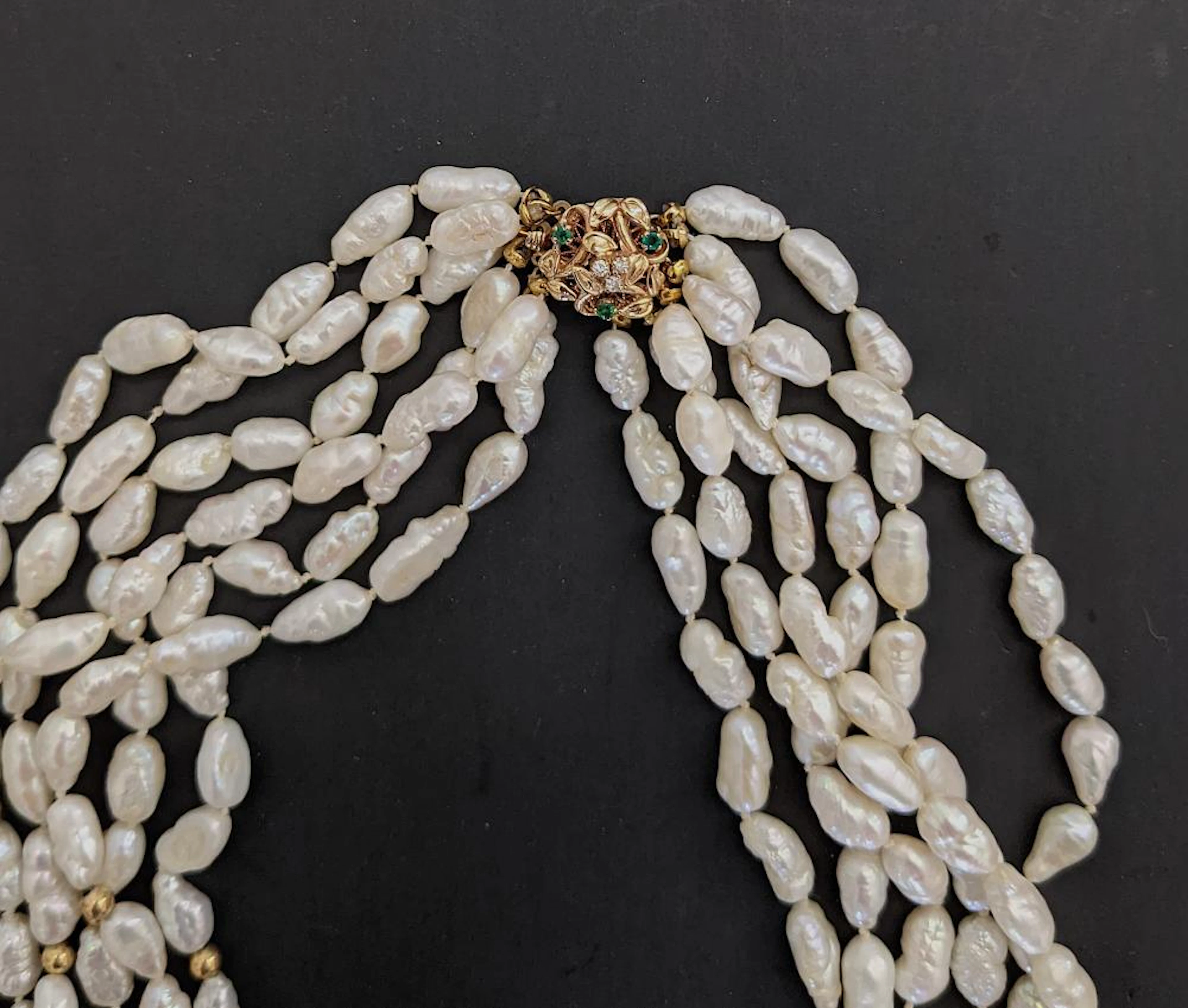 Vintage Necklace Freshwater Pearls Gold 14K Diamonds Emeralds 18" 6-Strand