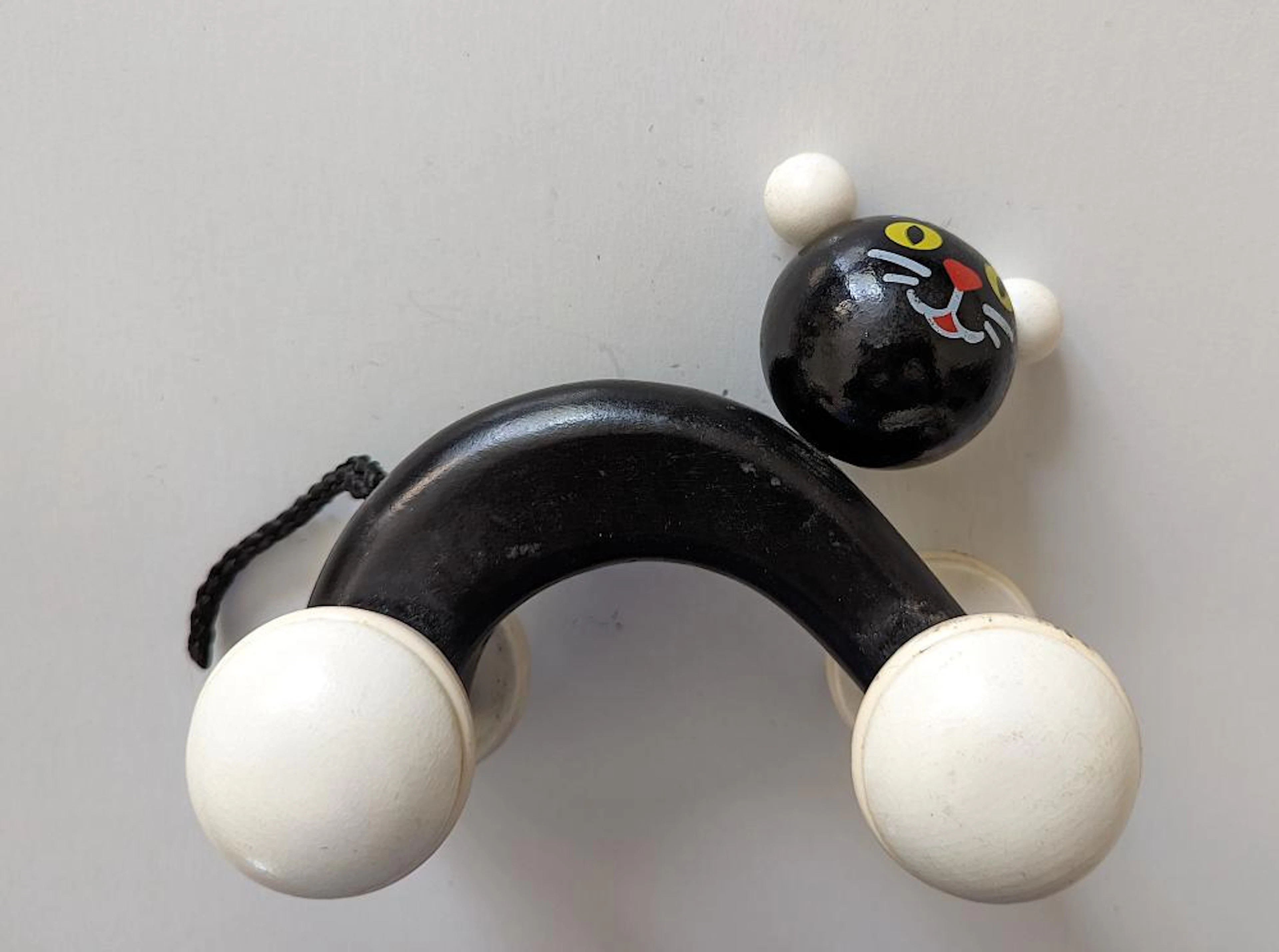 Vintage Rare Black Cat Wooden Pull Toy