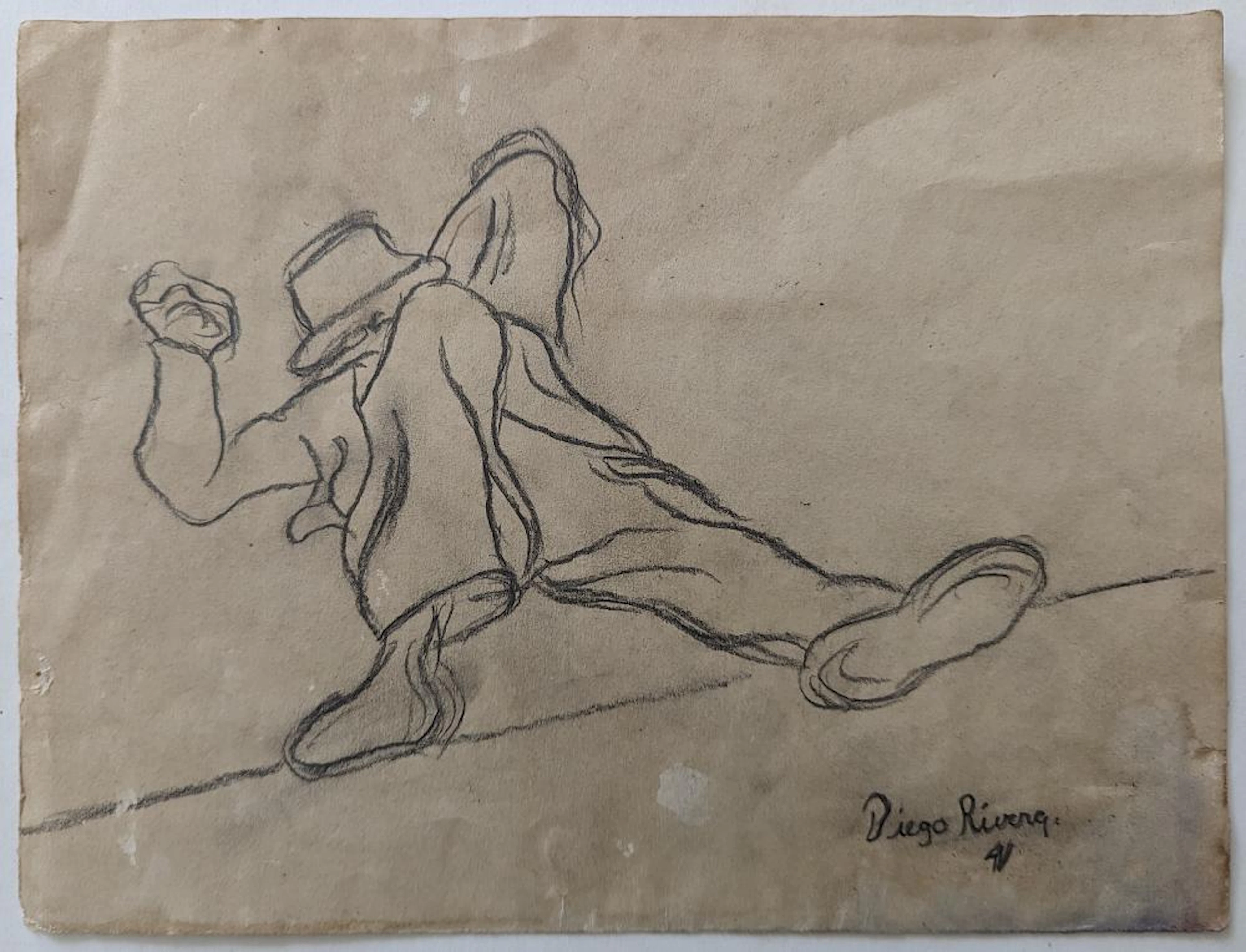 Vintage Hand Drawing Signed Diego Rivera, 1941
