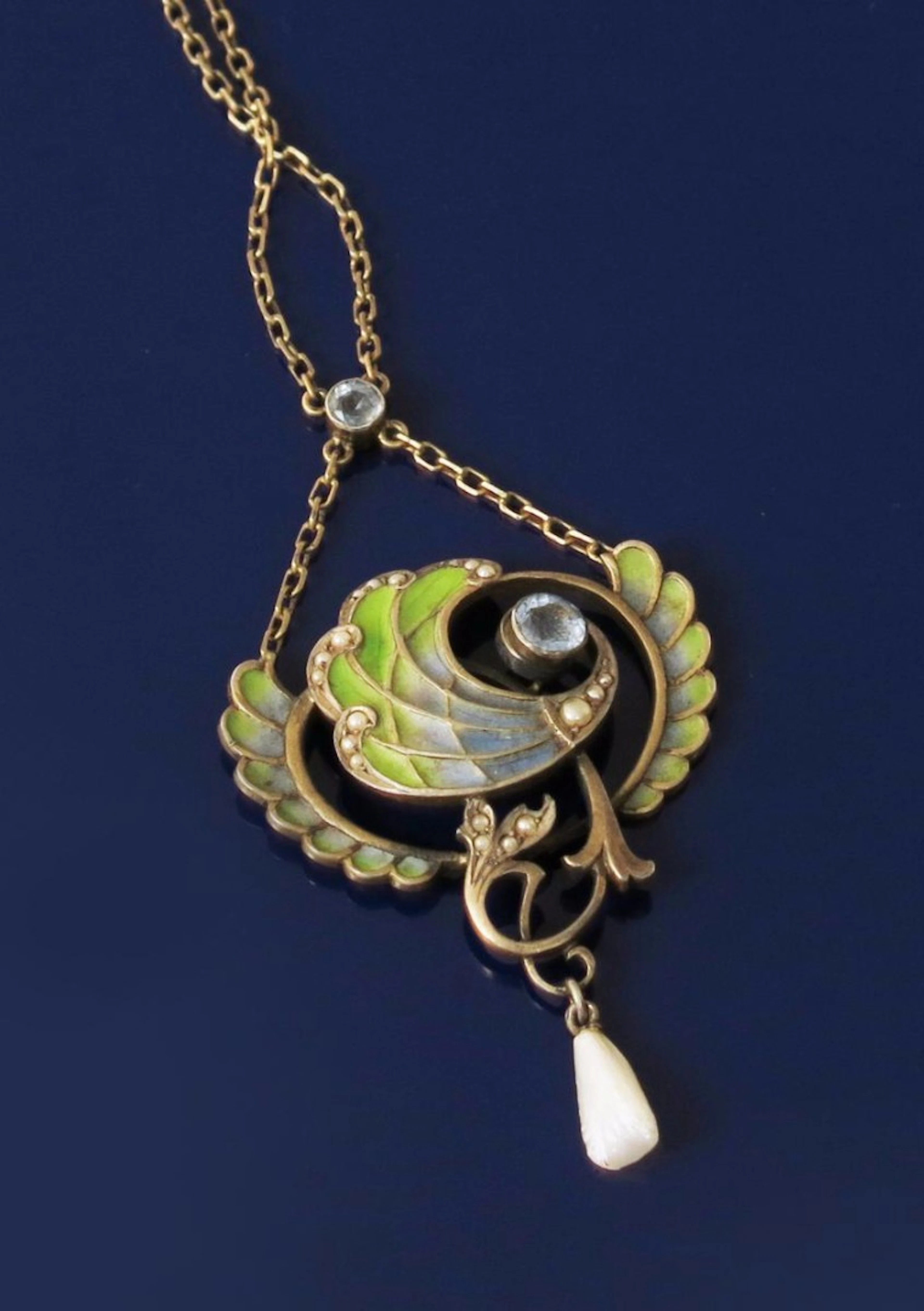 An Art Nouveau silver and plique a jour enamel pendant necklace by Carl Herman