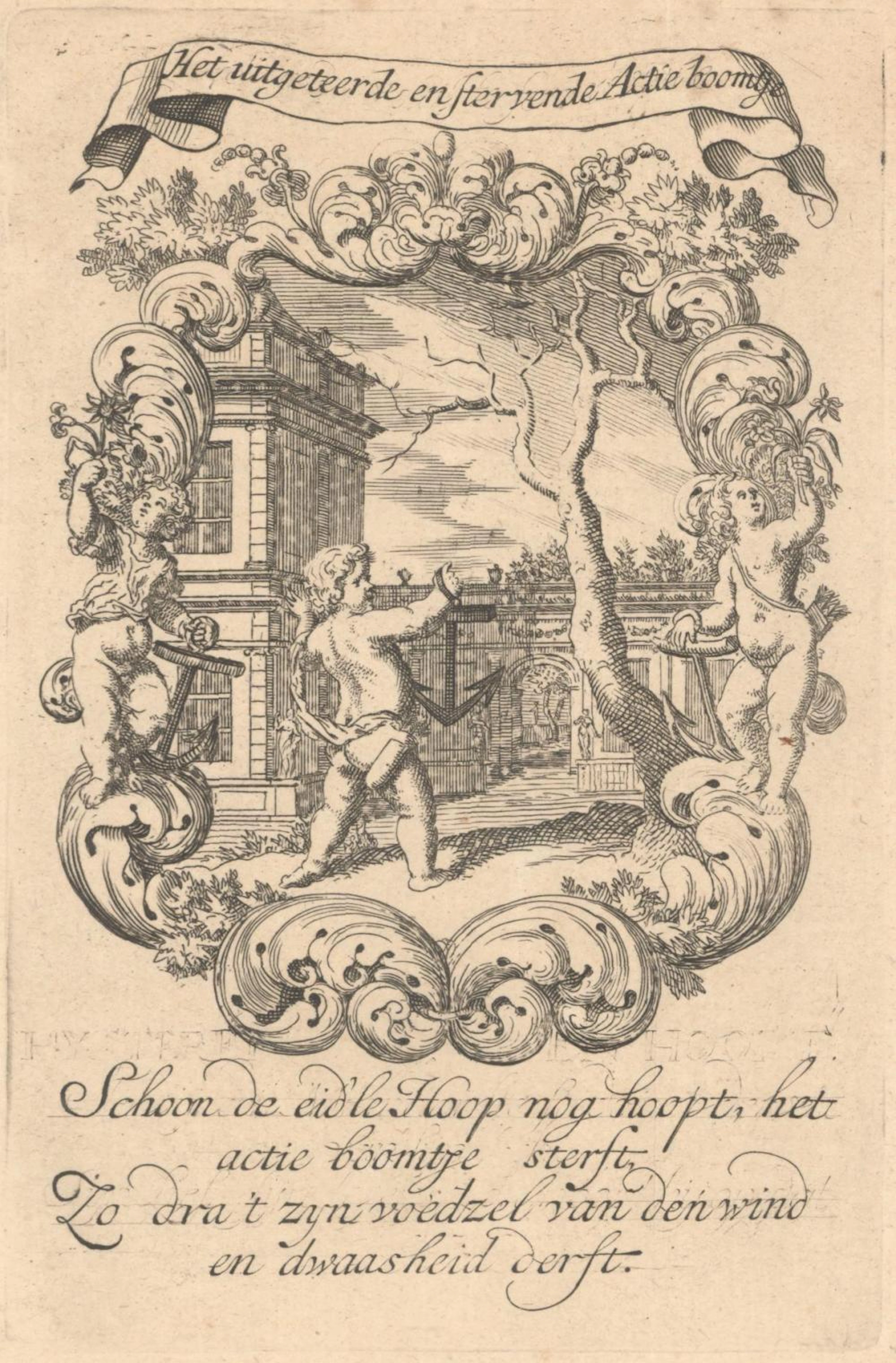 (Engraving - Satire - Stock Trading) Het Uitgeteerde en Stervende Actie Boomtje