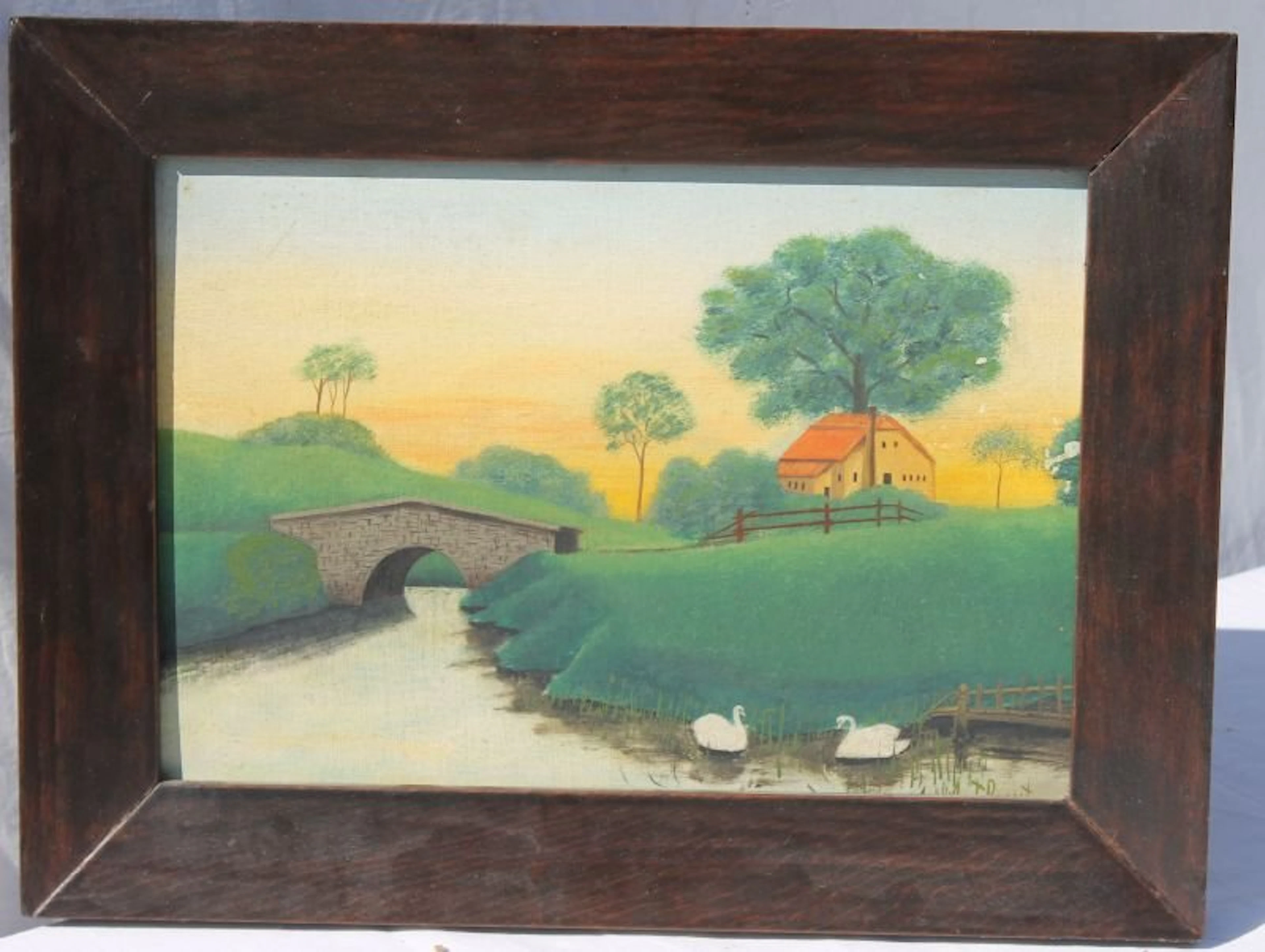 late 19thC/early 20thC folk art landscape 12 1/2" x 8