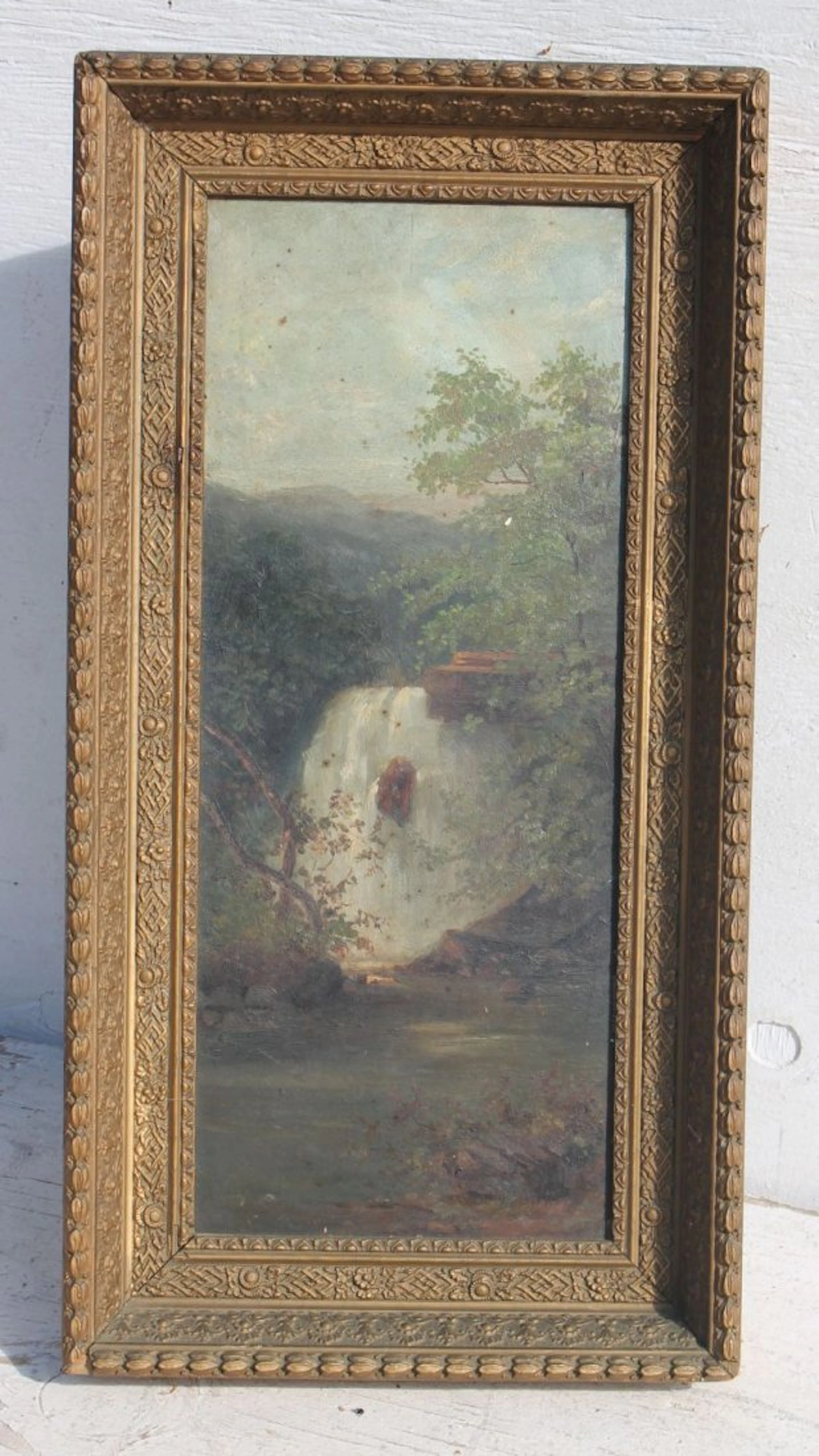 9 1/4" x 21 3/4" o/bd 19thC landscape w waterfall in