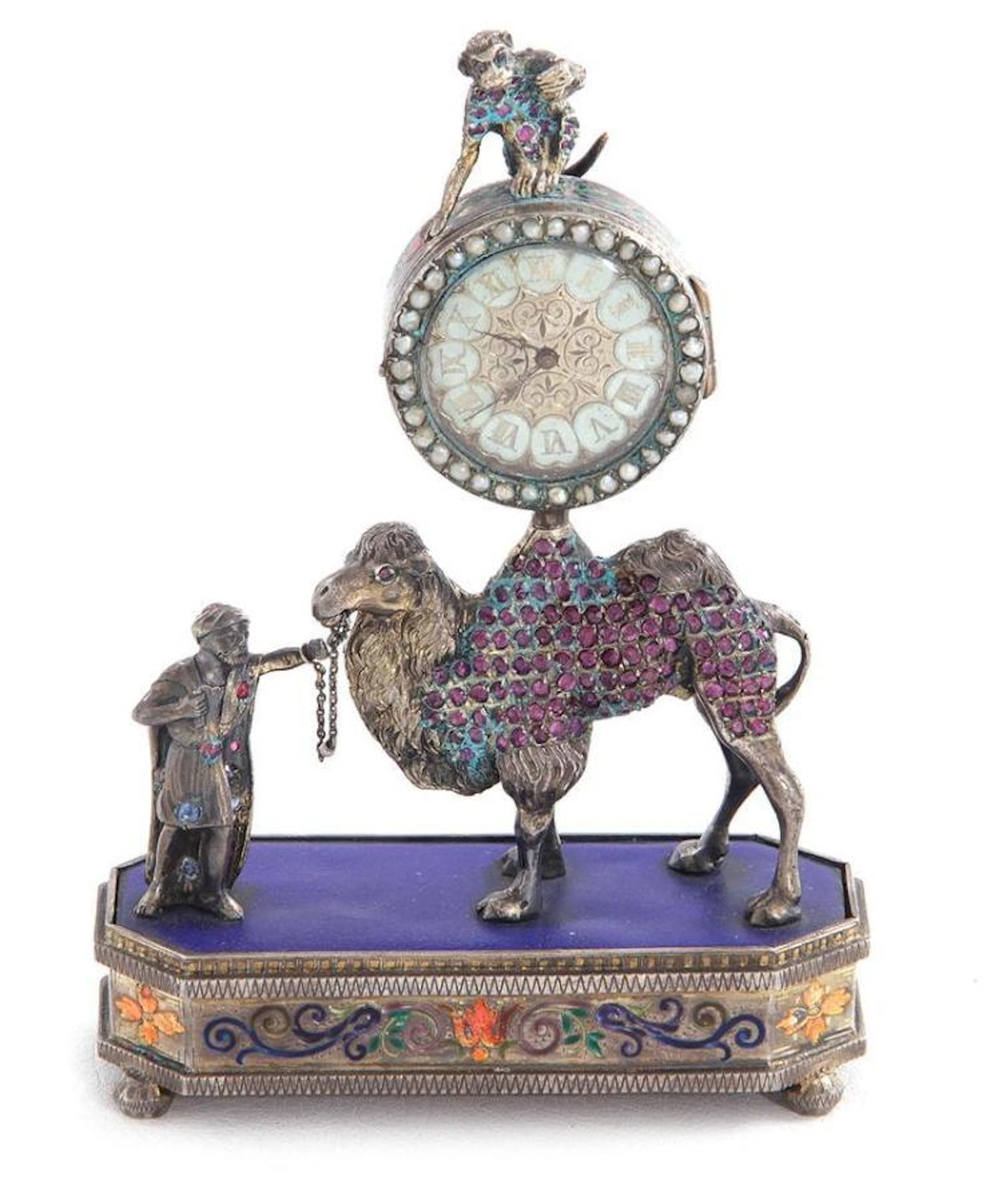 Austrian enameled-silver and gemstone figural desk clock