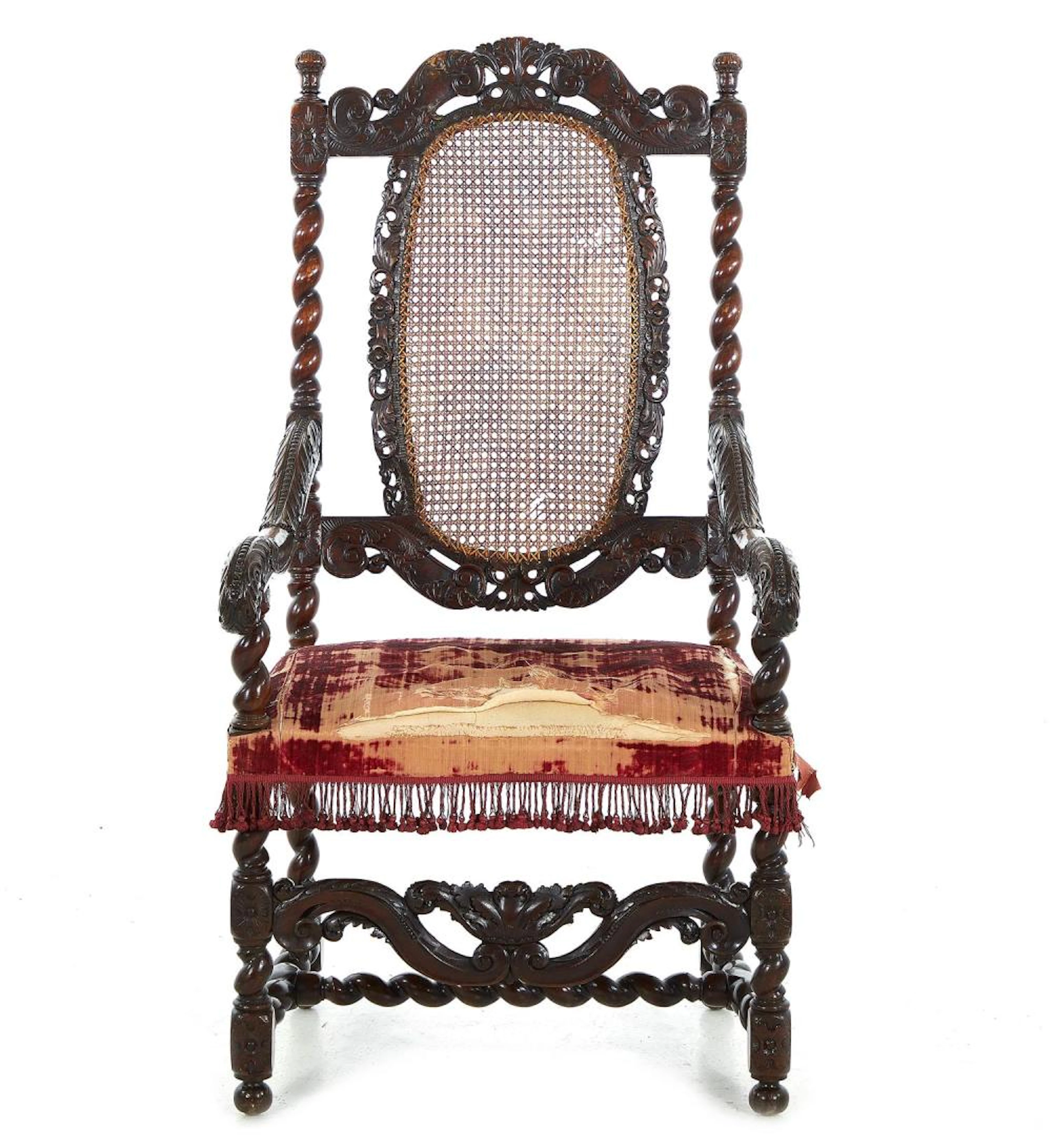 Charles II Style Carved Walnut and Caned Armchair