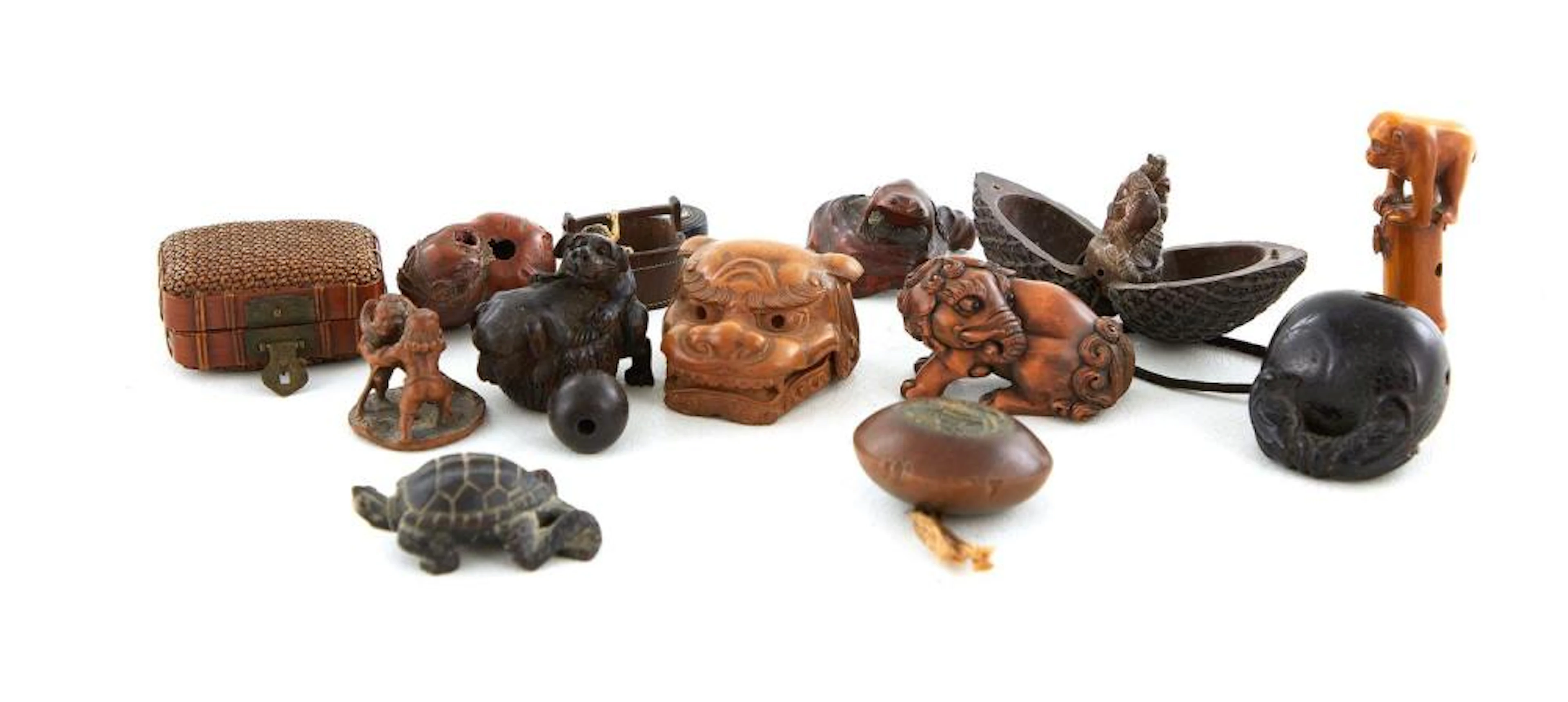 Japanese Carved Wood and Nut Netsuke, Miniature Figure, and Ojimi (15pcs)