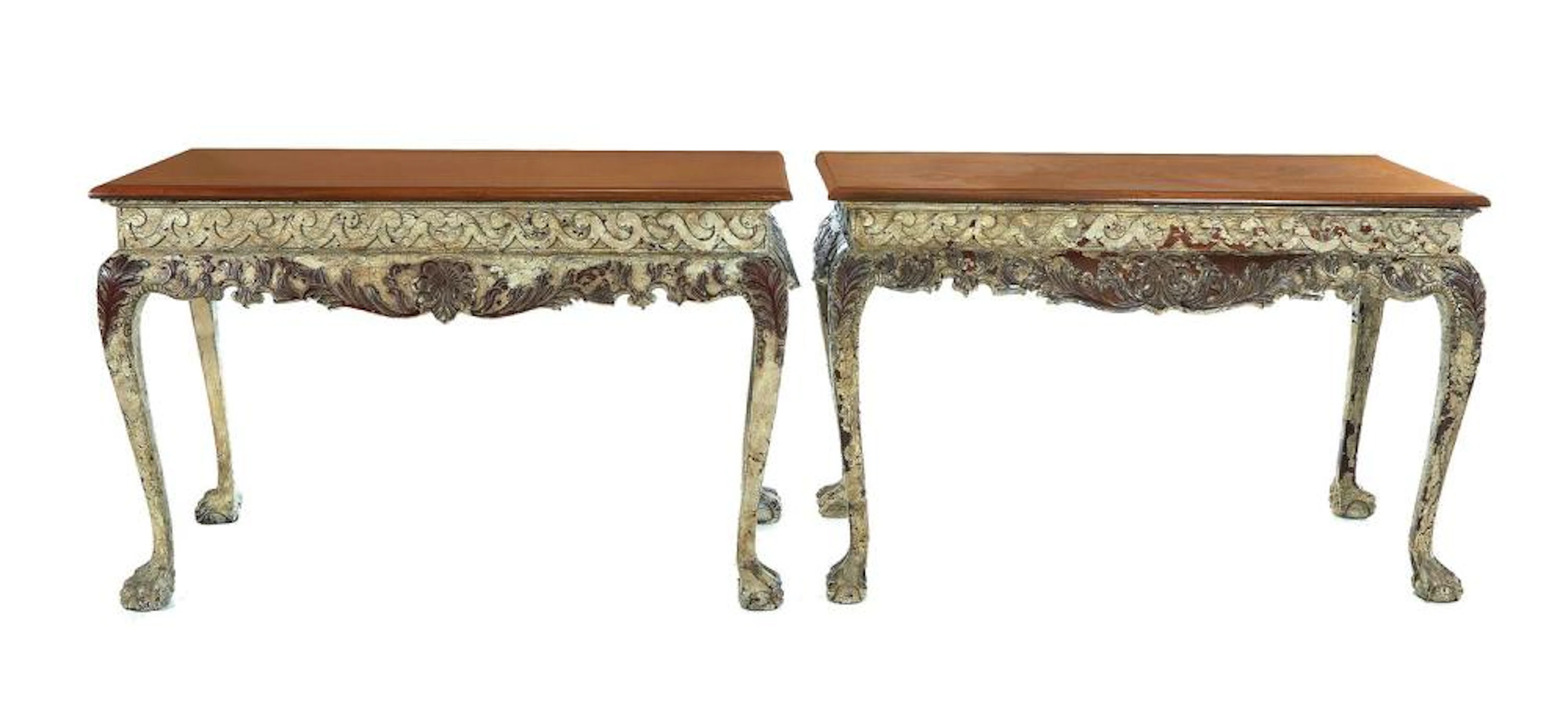 Pair Chippendale Style Polychrome Carved Wood Console Tables (2pcs)