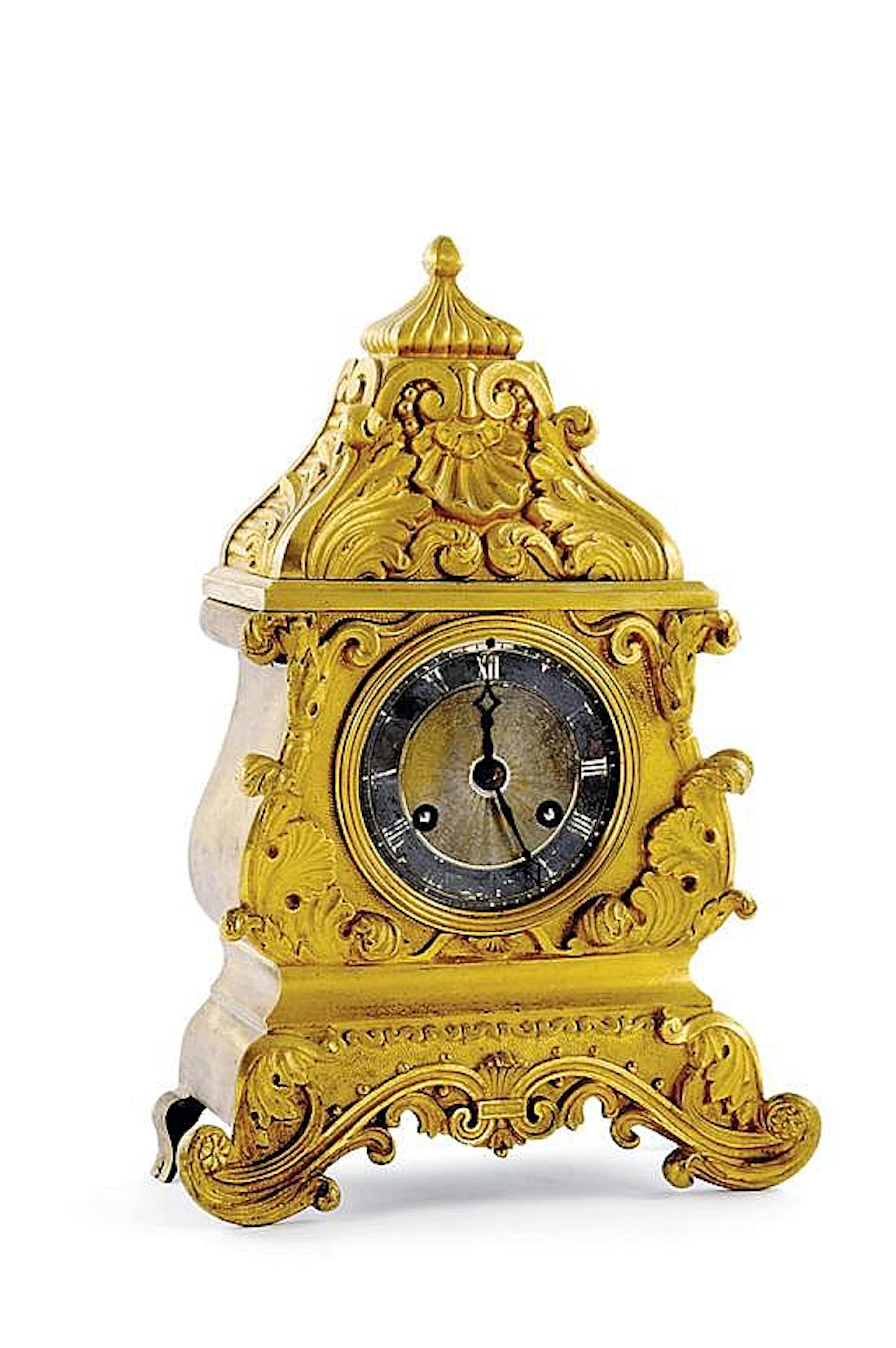 Diminutive French chinoiserie bronze-dore mantel clock, signed Leroy