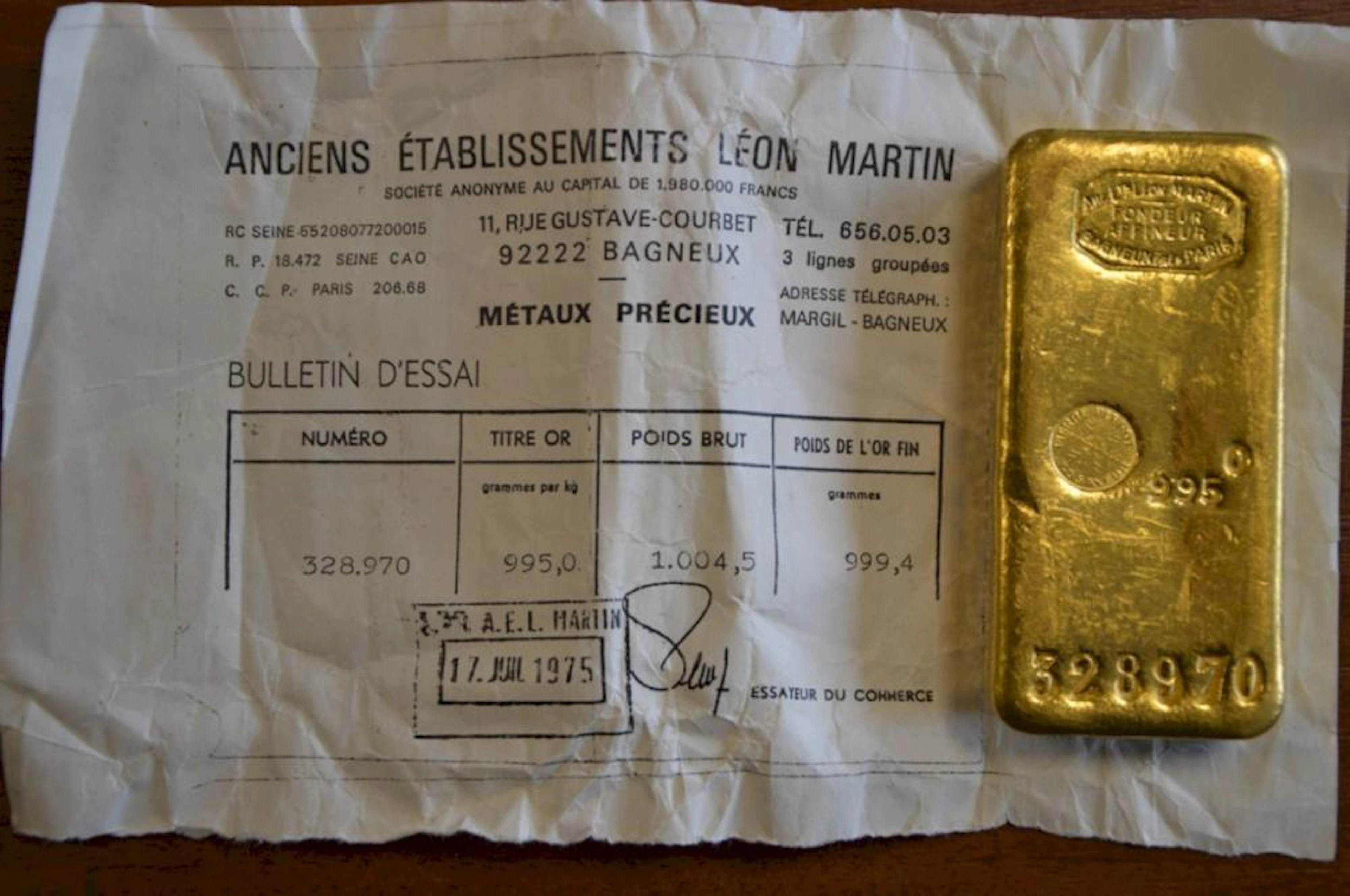 Lingot d'or n°328970 de 995 gr; 999,4 gr d'or fin 1004,5 gr brut