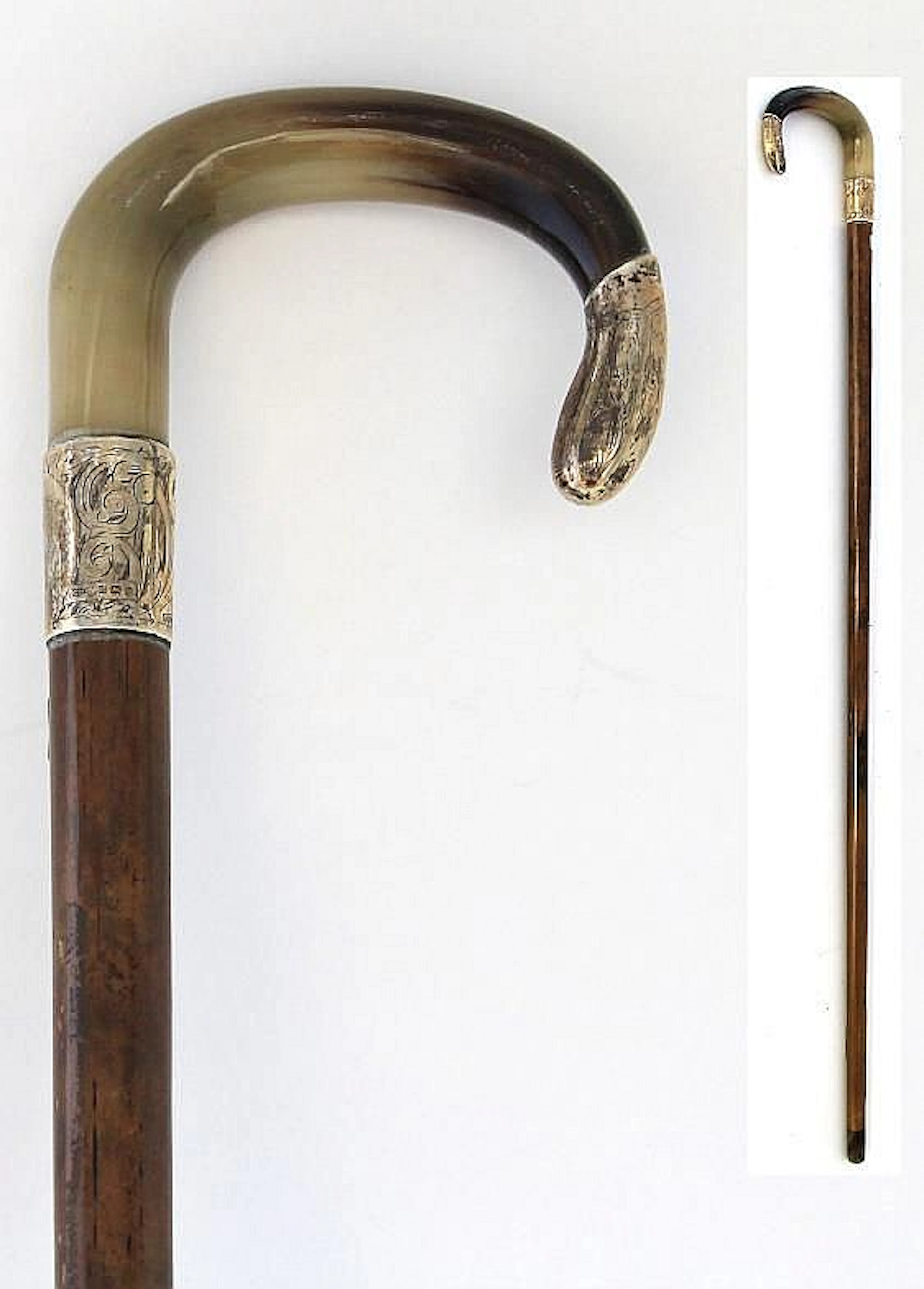 An Edward VII hallmarked silver ferruled horn hand