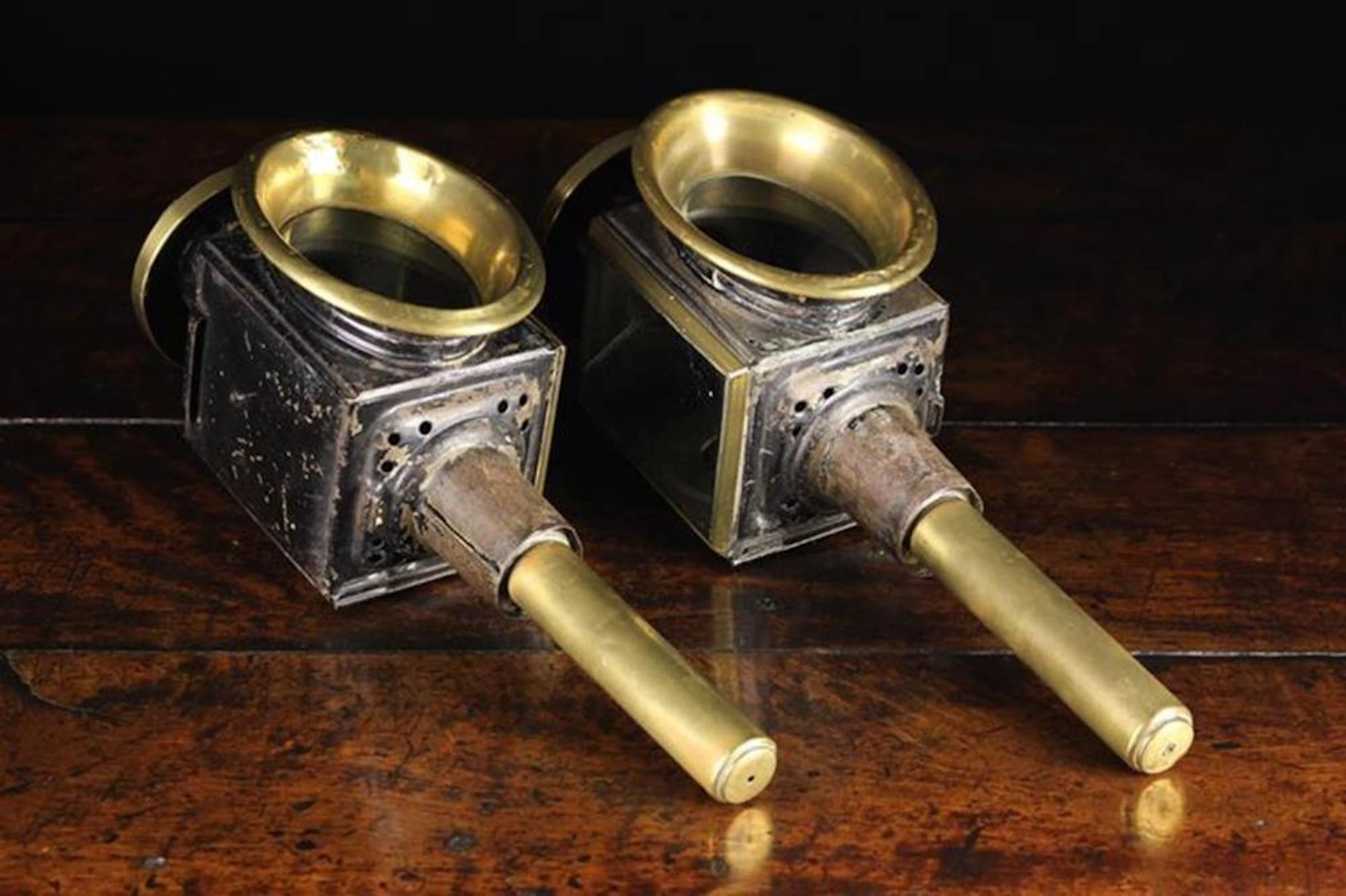 A Pair of Antique Black Painted Metal & Brass Trim Coach Lamps
