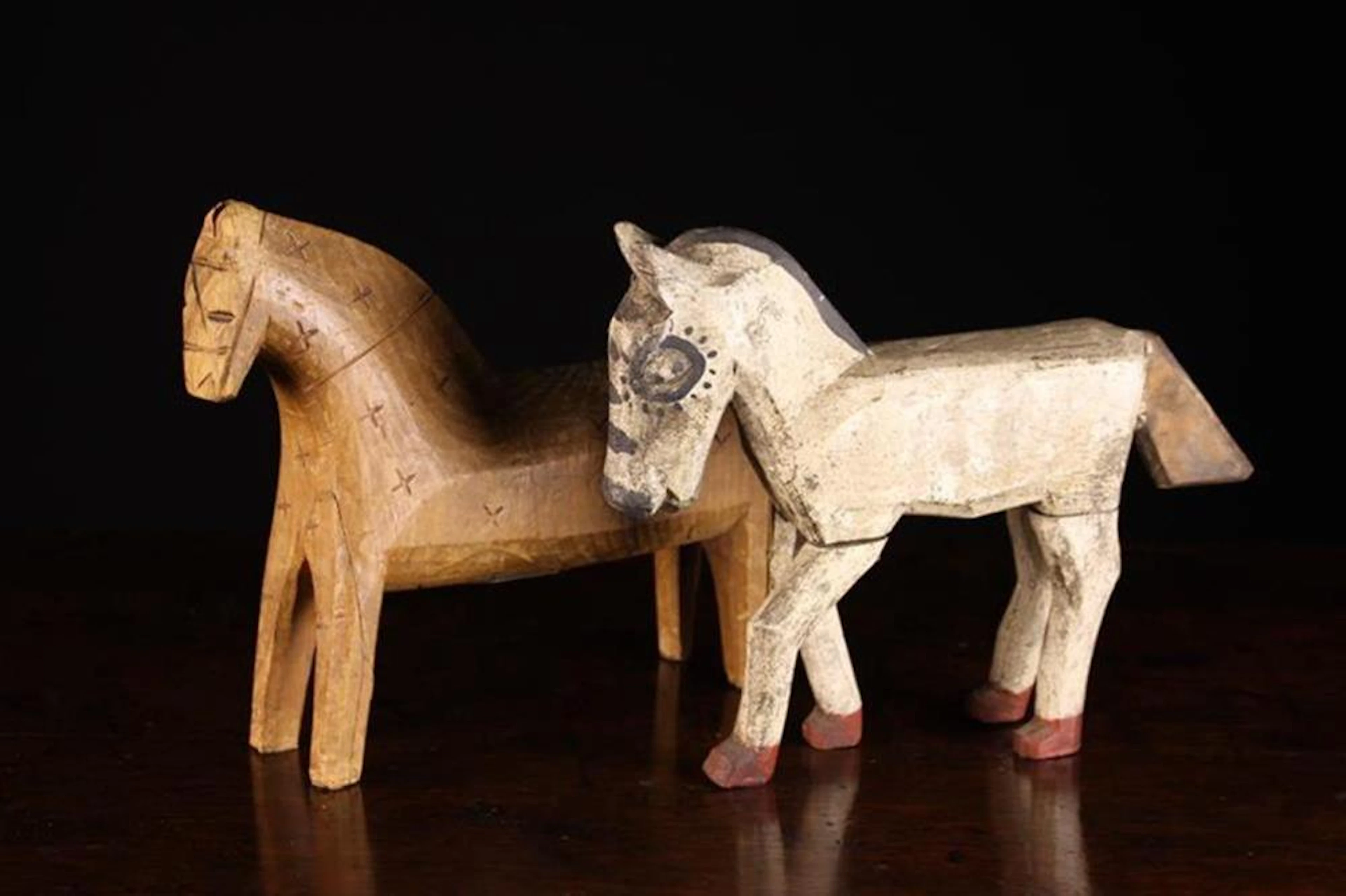 Two Antique Naively Carved Folk Art Toy Horses: One painted