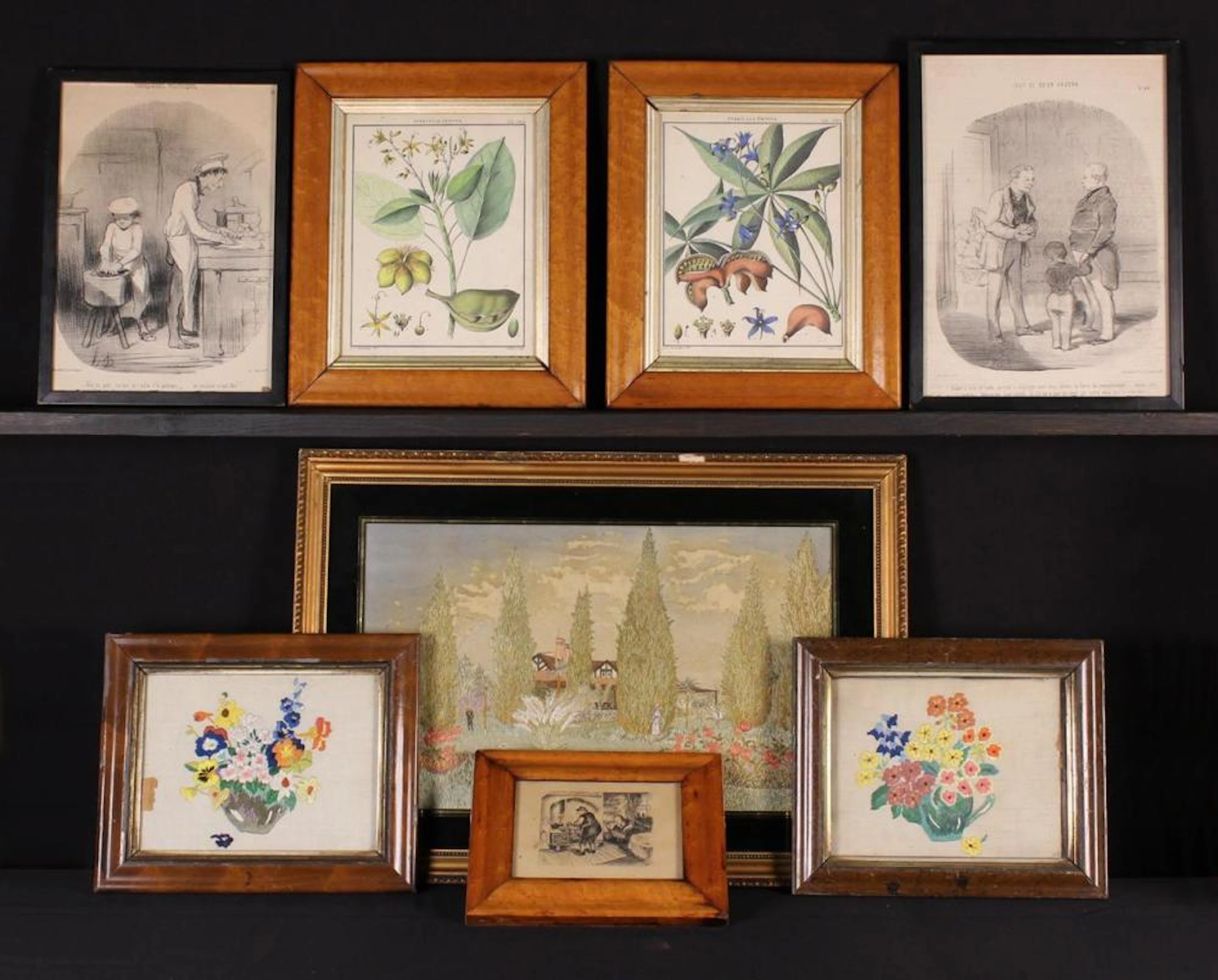 A Vintage Silkwork Embroidery of a garden and house in a...
