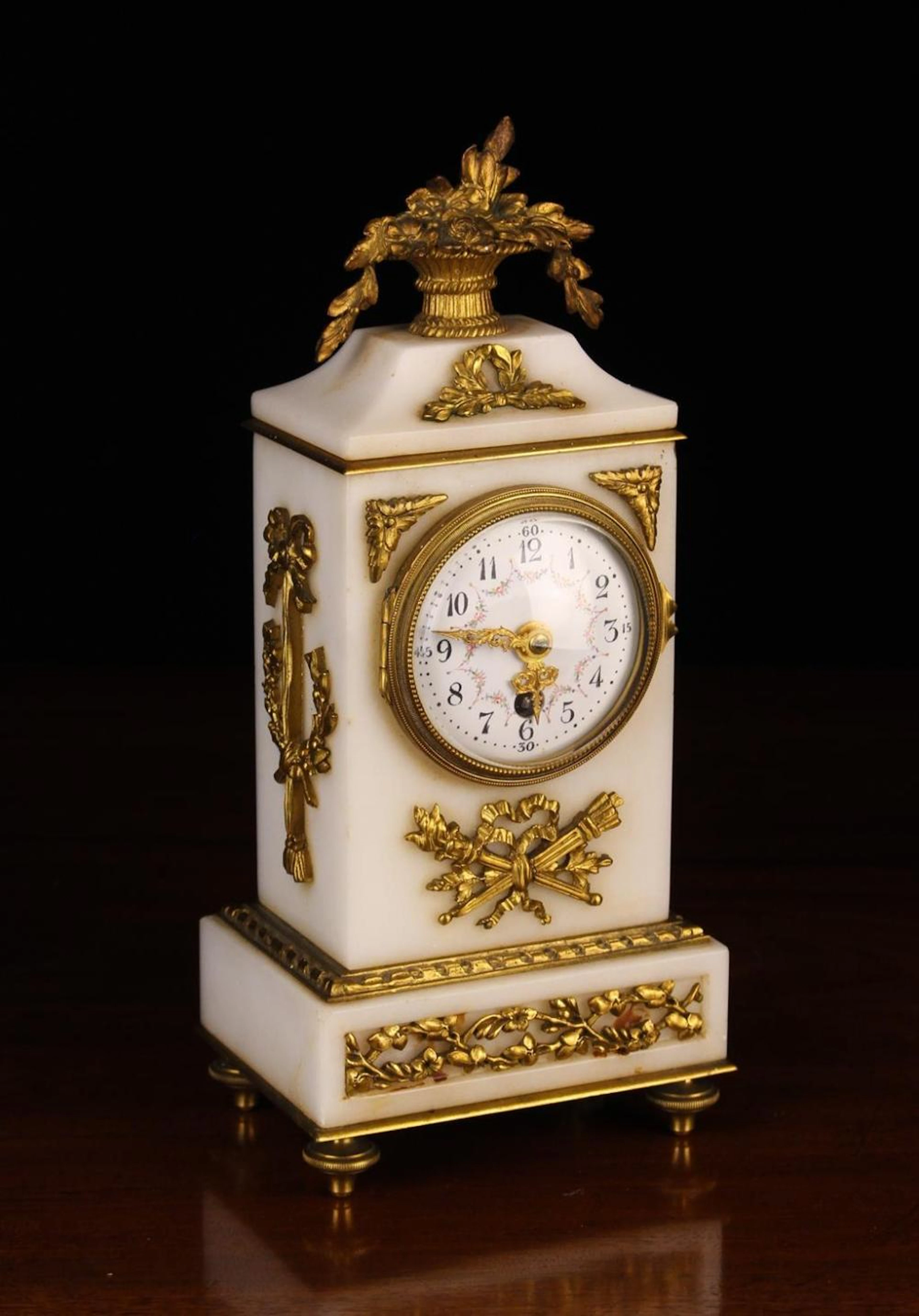A Small Louis XVI Style White Marble & Gilt Bronze Marble Clock