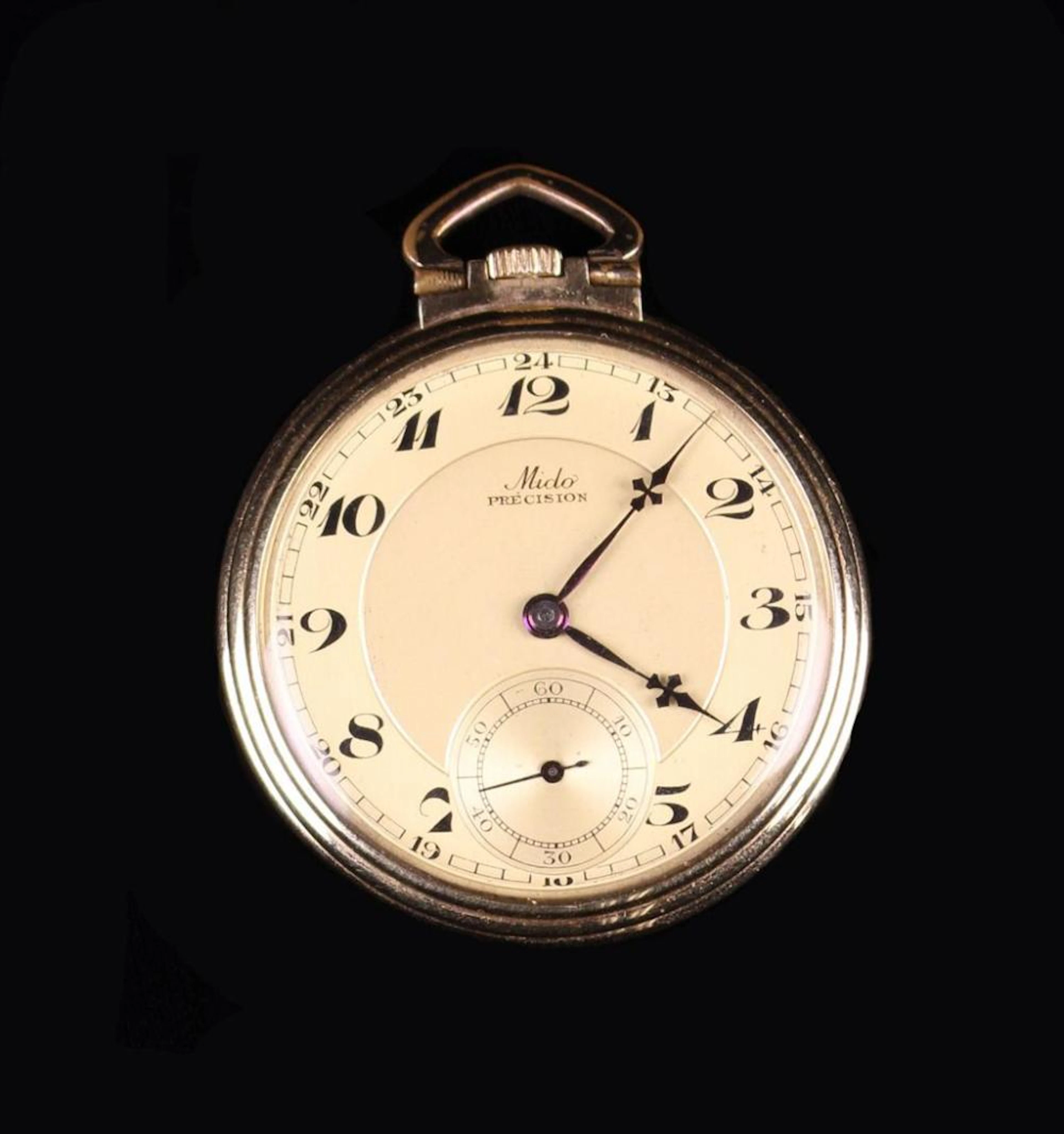 An Art Deco 14 Carat Yellow Gold Mido Precision Pocket Watch
