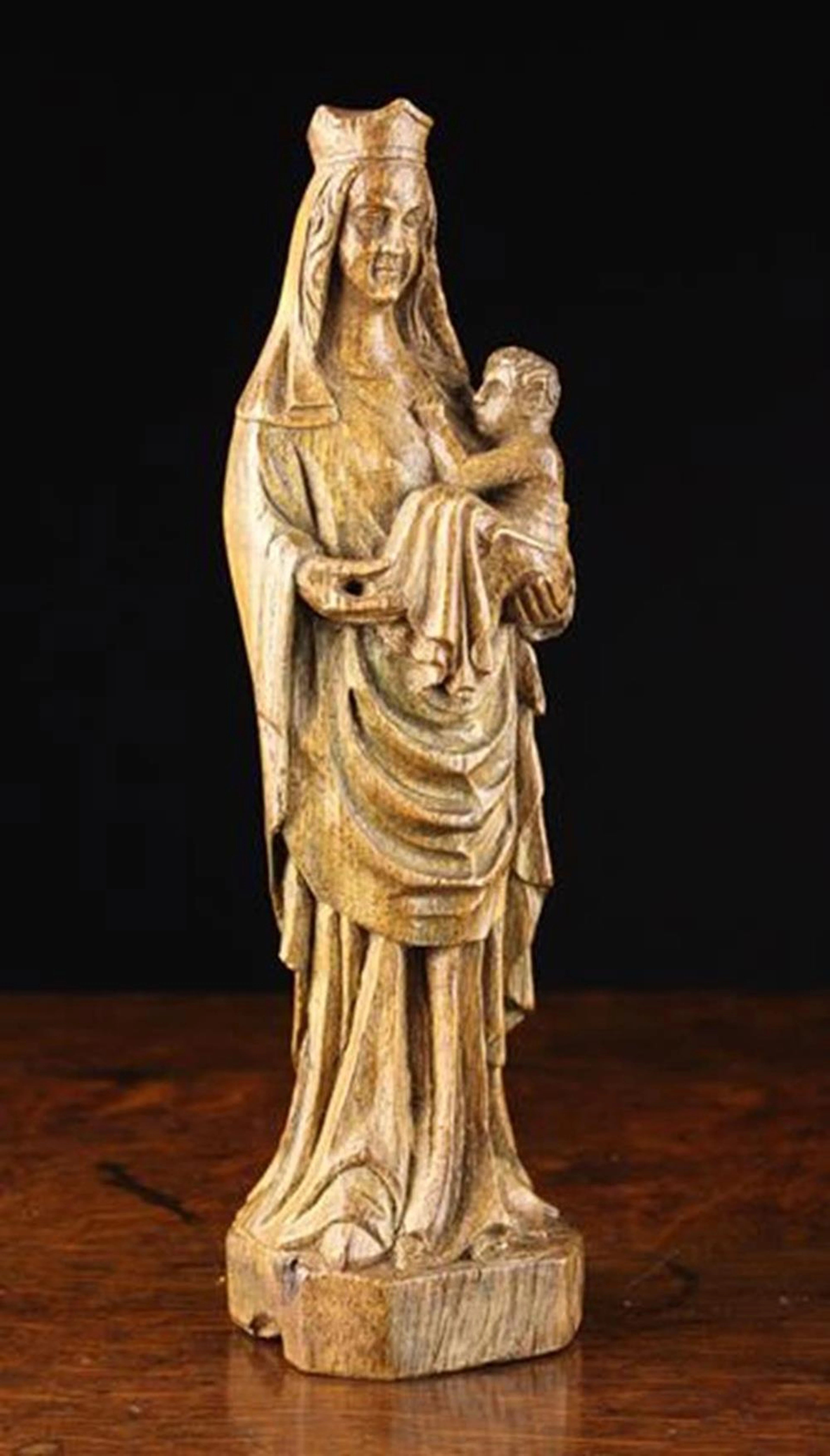 A Small 18th Century Oak Carving of Crowned Virgin & Child