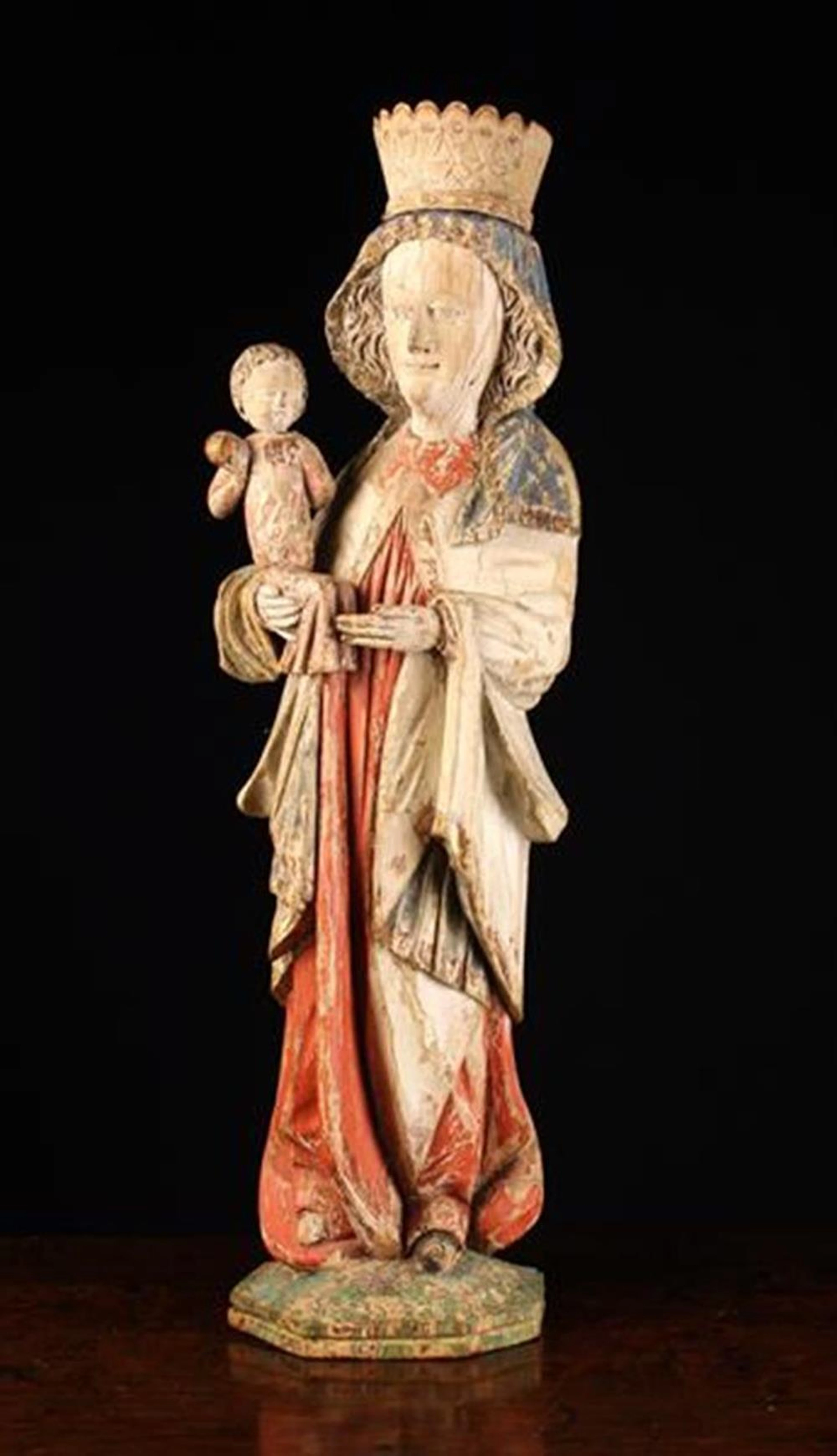 A Medieval Style Polychromed Pine Carving of Virgin...