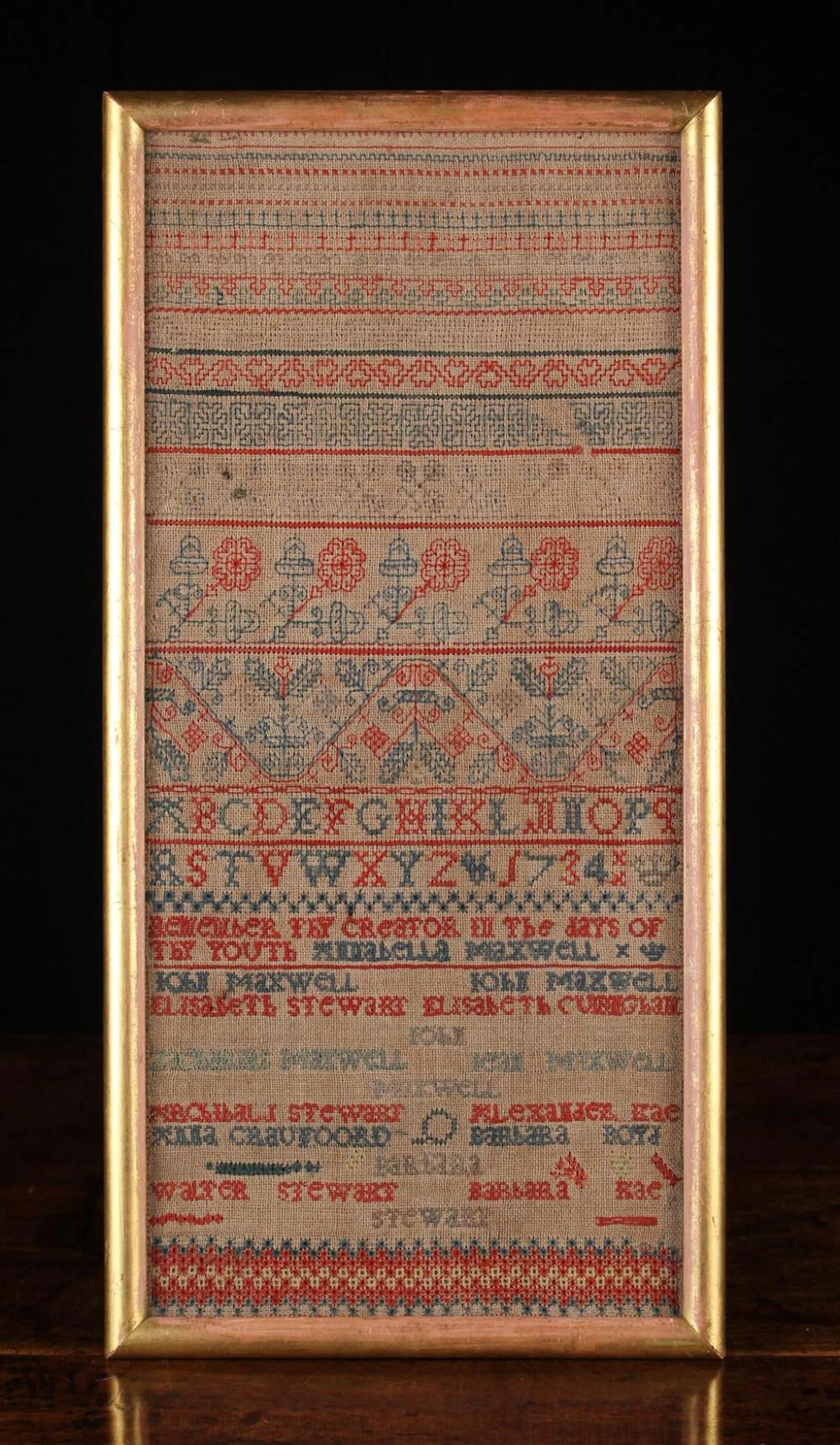A Historical Early Scottish Sampler by Annabella Maxwell dated 1734