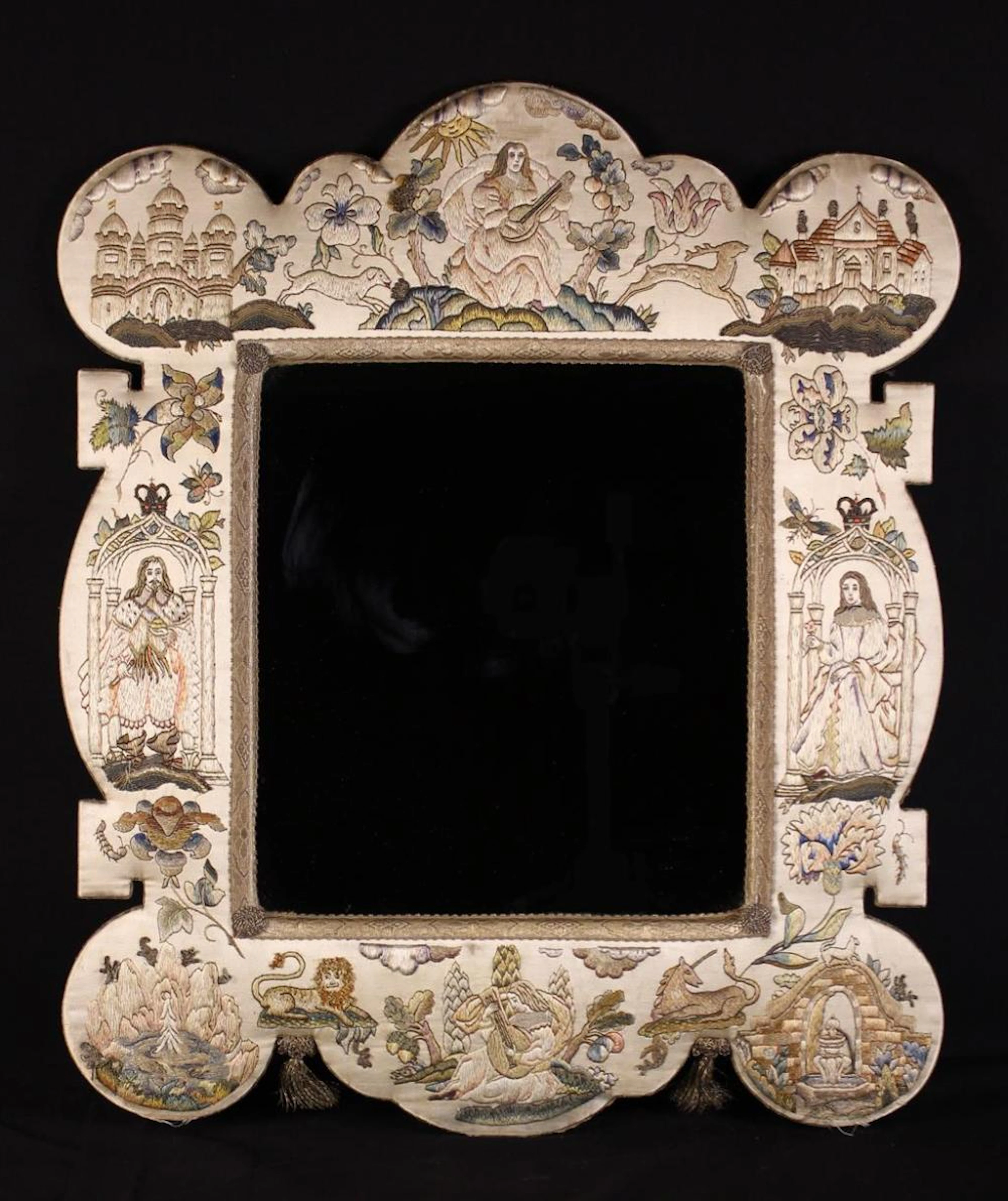 A 17th Century Style Embroidered Silk-work Mirror