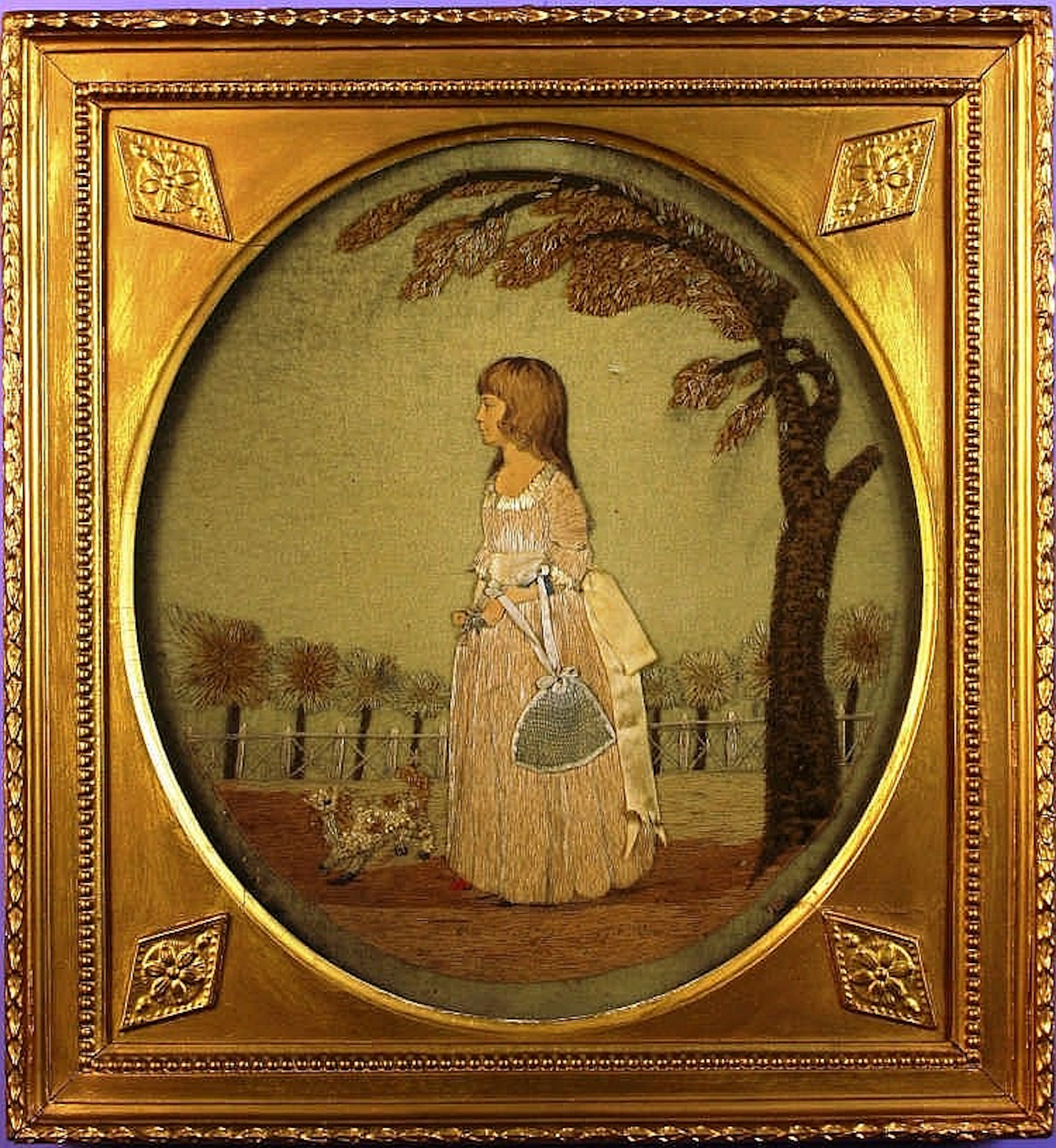 A Charming Early 19th Century Oval Embroidery on F