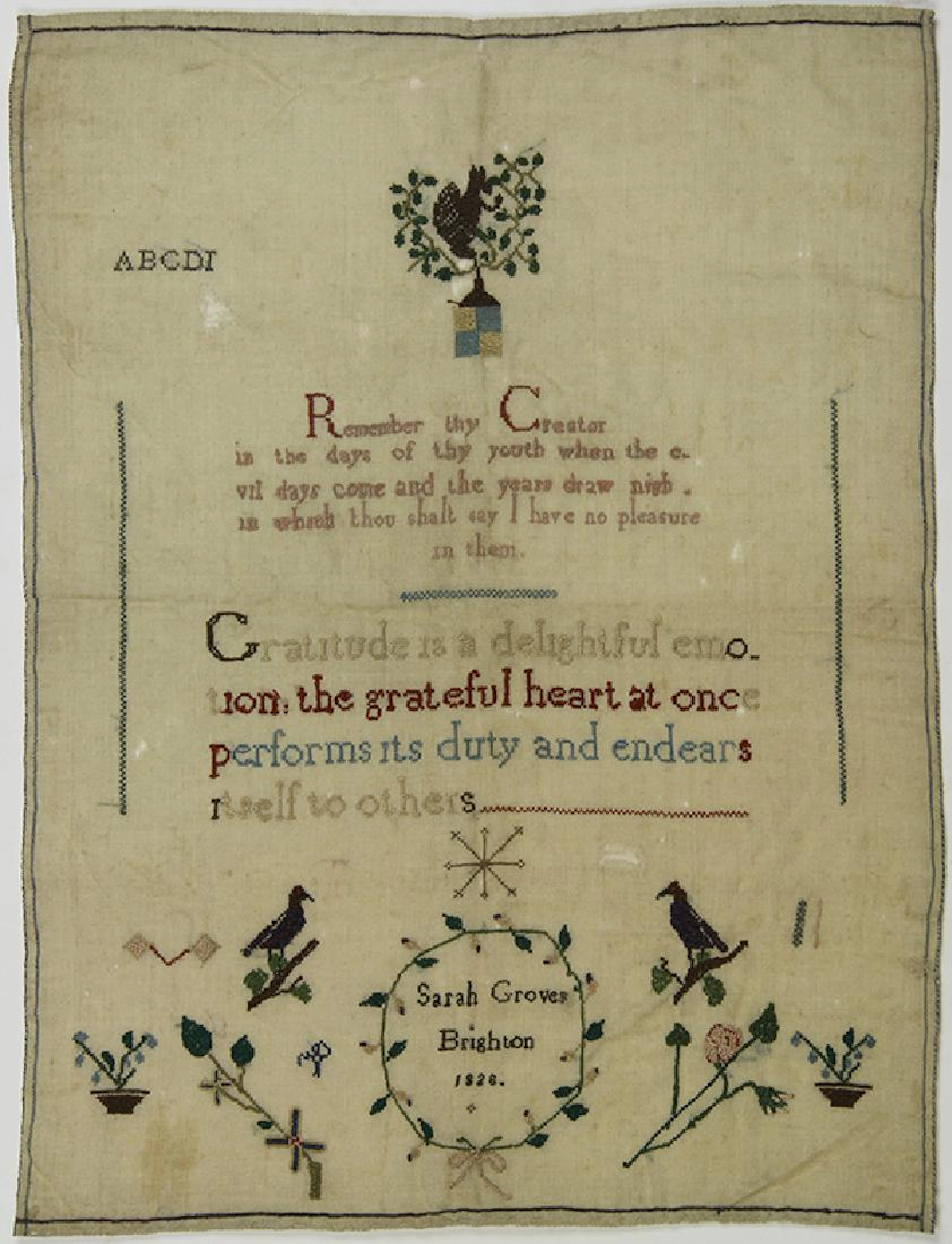 British silk on wool sampler, date 1828, signed Sarah
