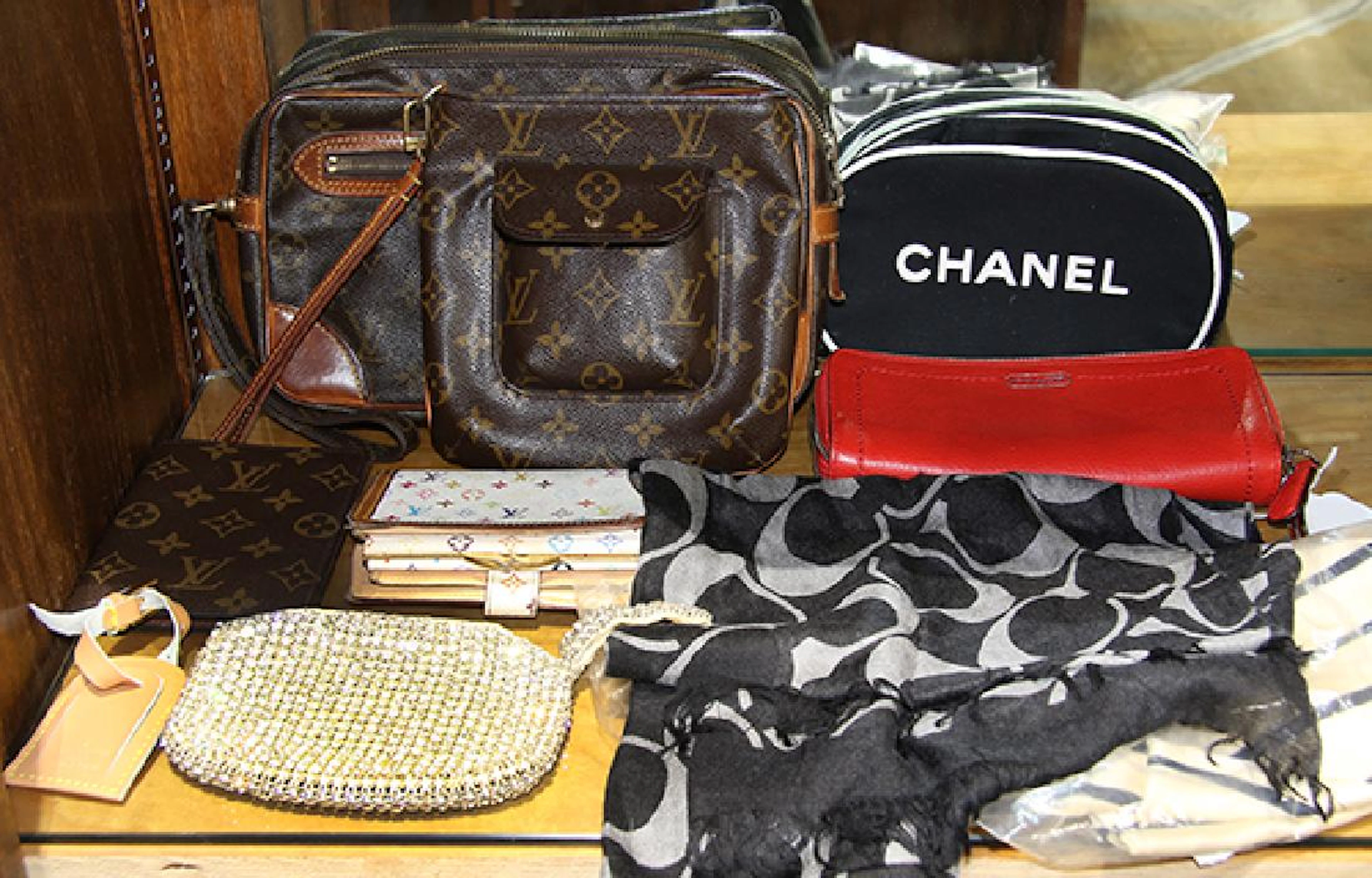 Two shelves of fashion items