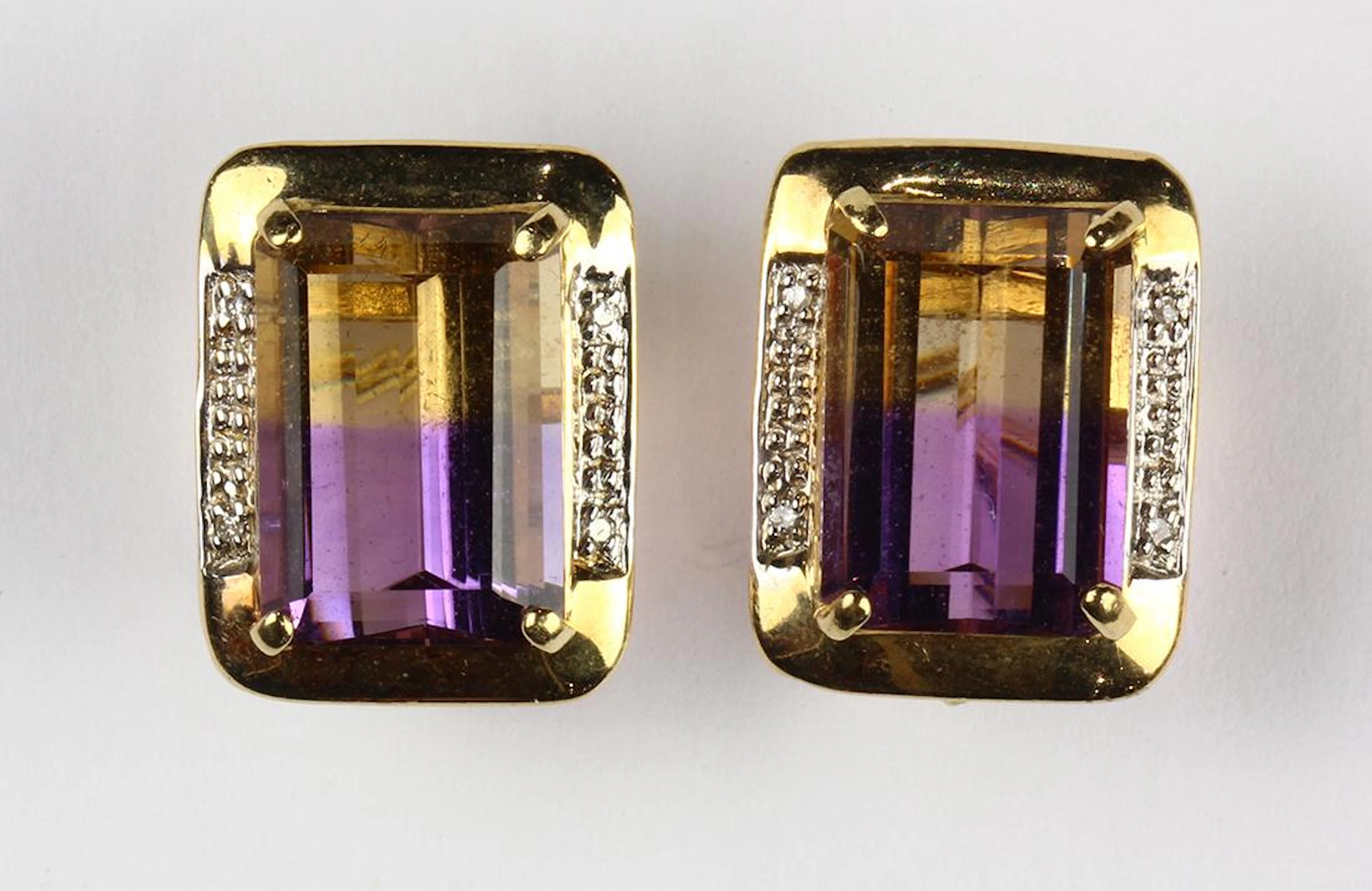 Pair of ametrine, diamond and 14k yellow gold earrings
