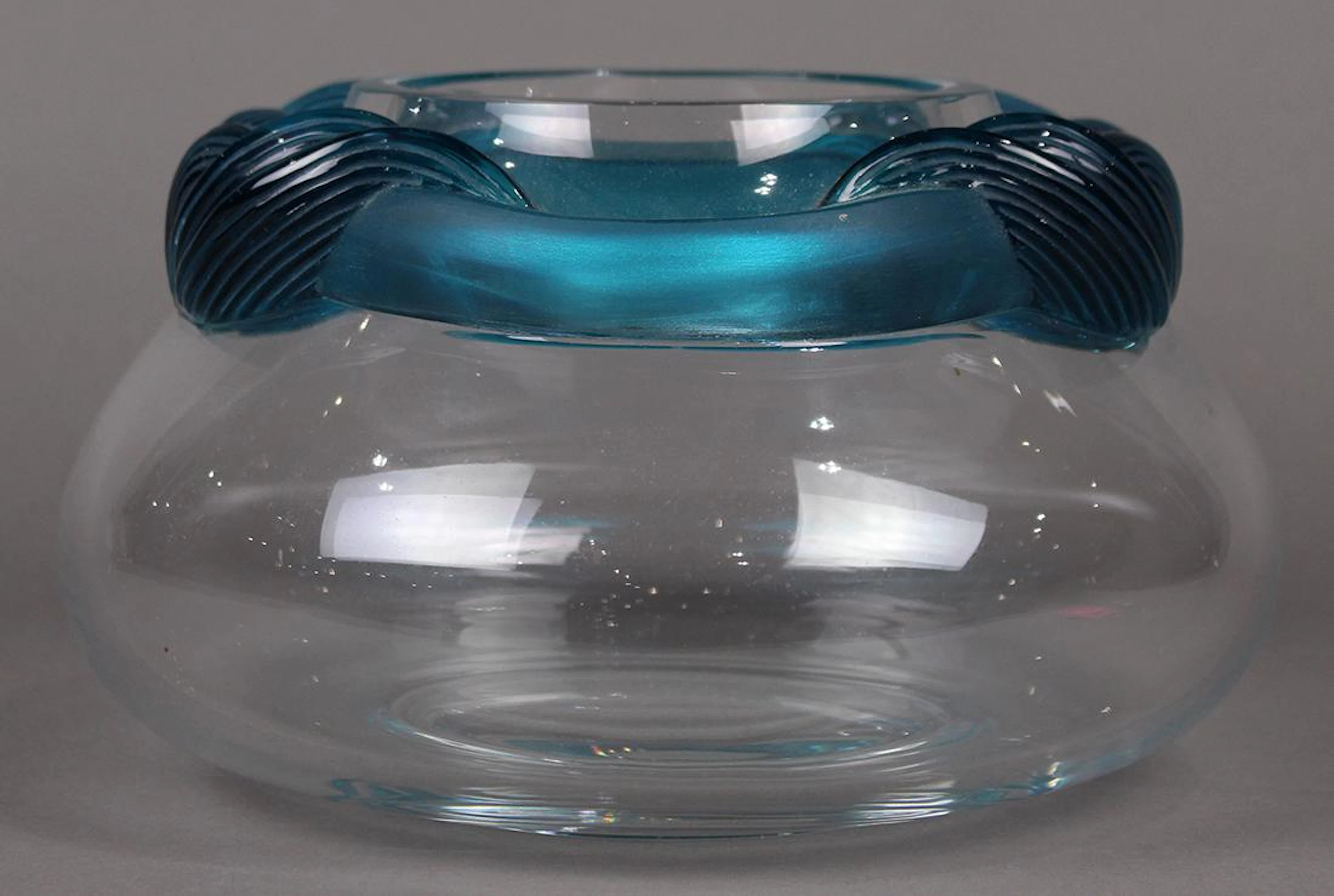 Lalique France clear and frosted blue wave vase