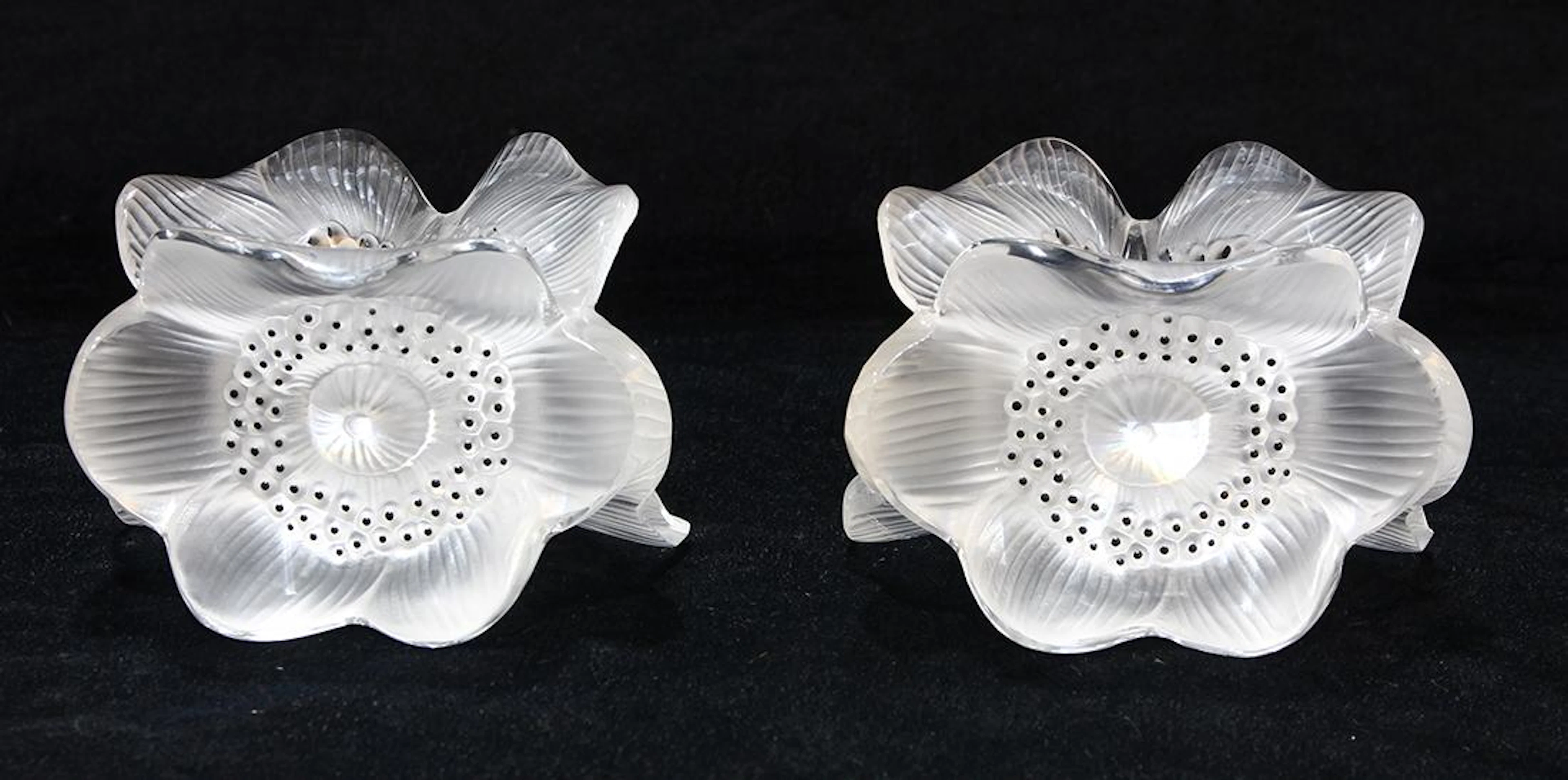 Pair of Lalique France "Three Anemone" candle holders