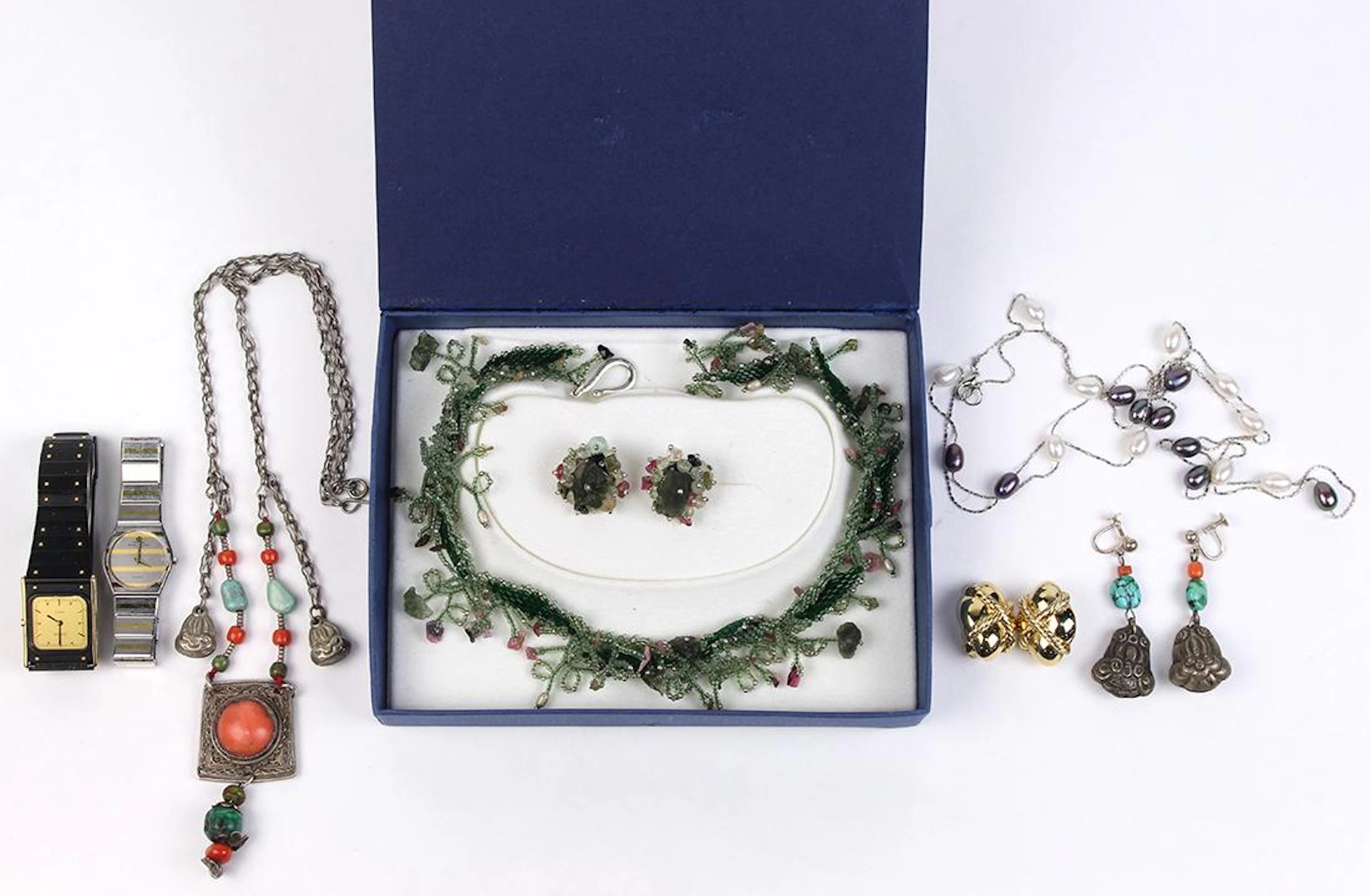 (Lot of 6) Cultured pearl, moldavite, glass, silver and