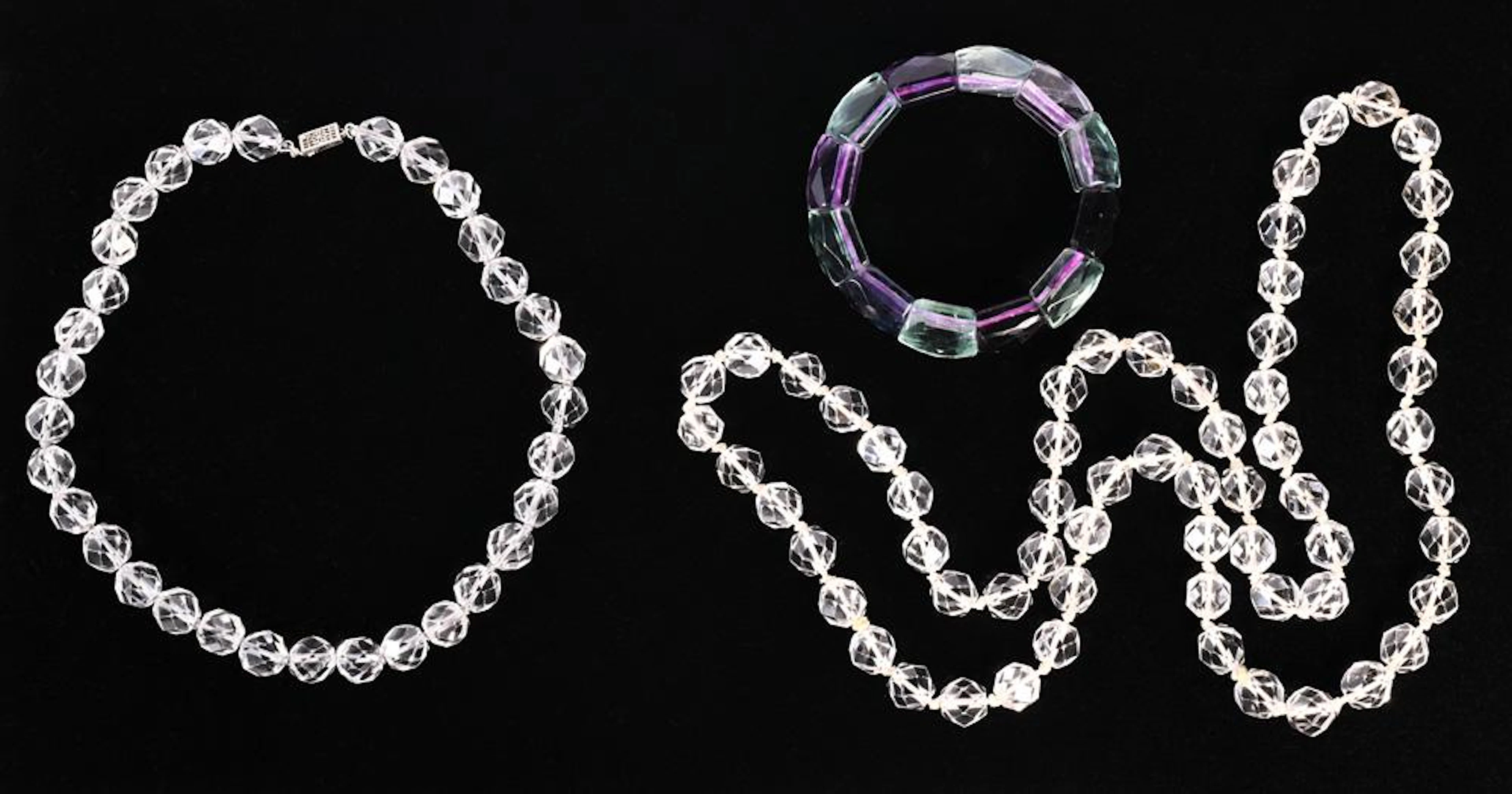 (Lot of 3) Rock crystal quartz, fluorite bead 14k white