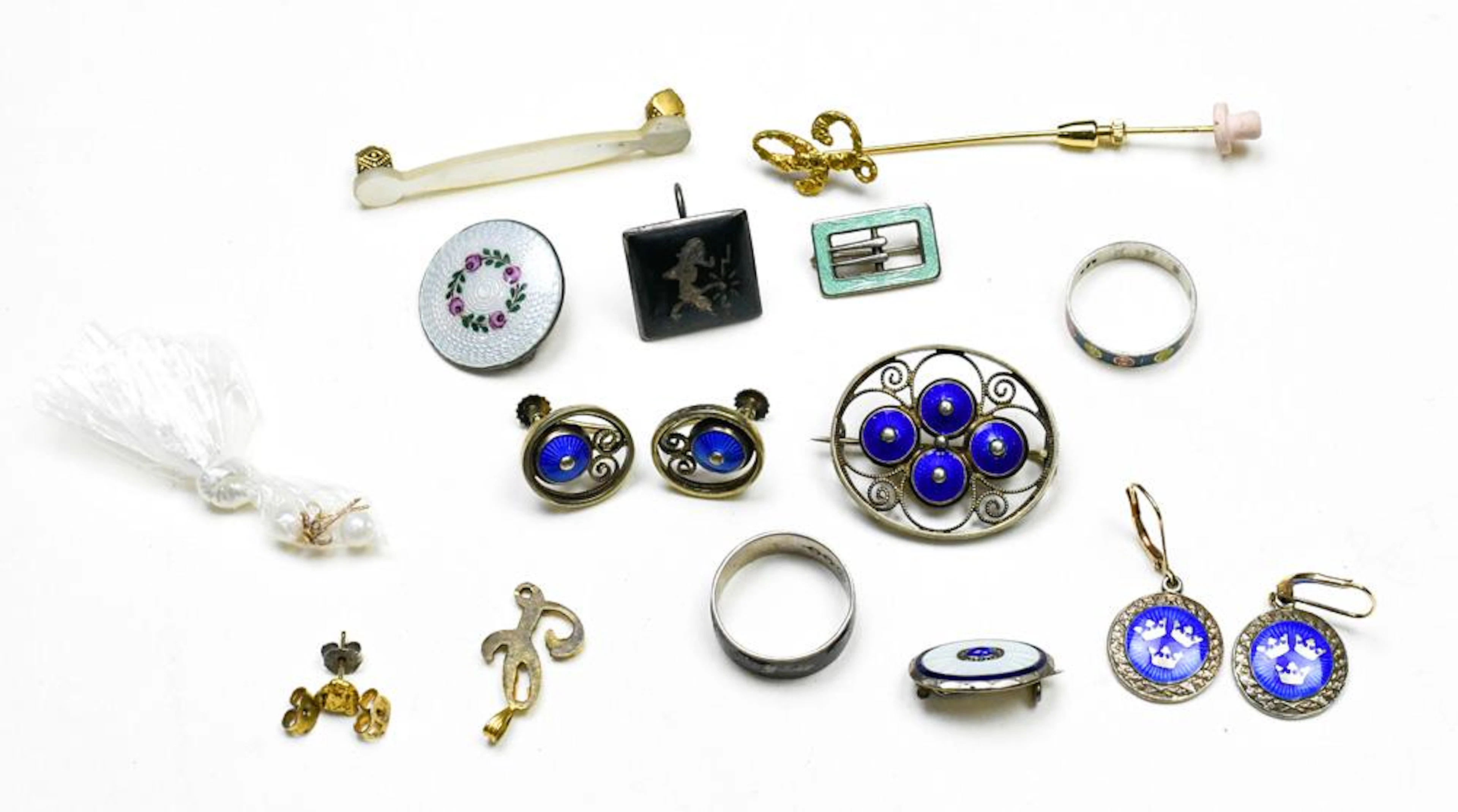 Collection of natural gold nuggets, enamel silver,