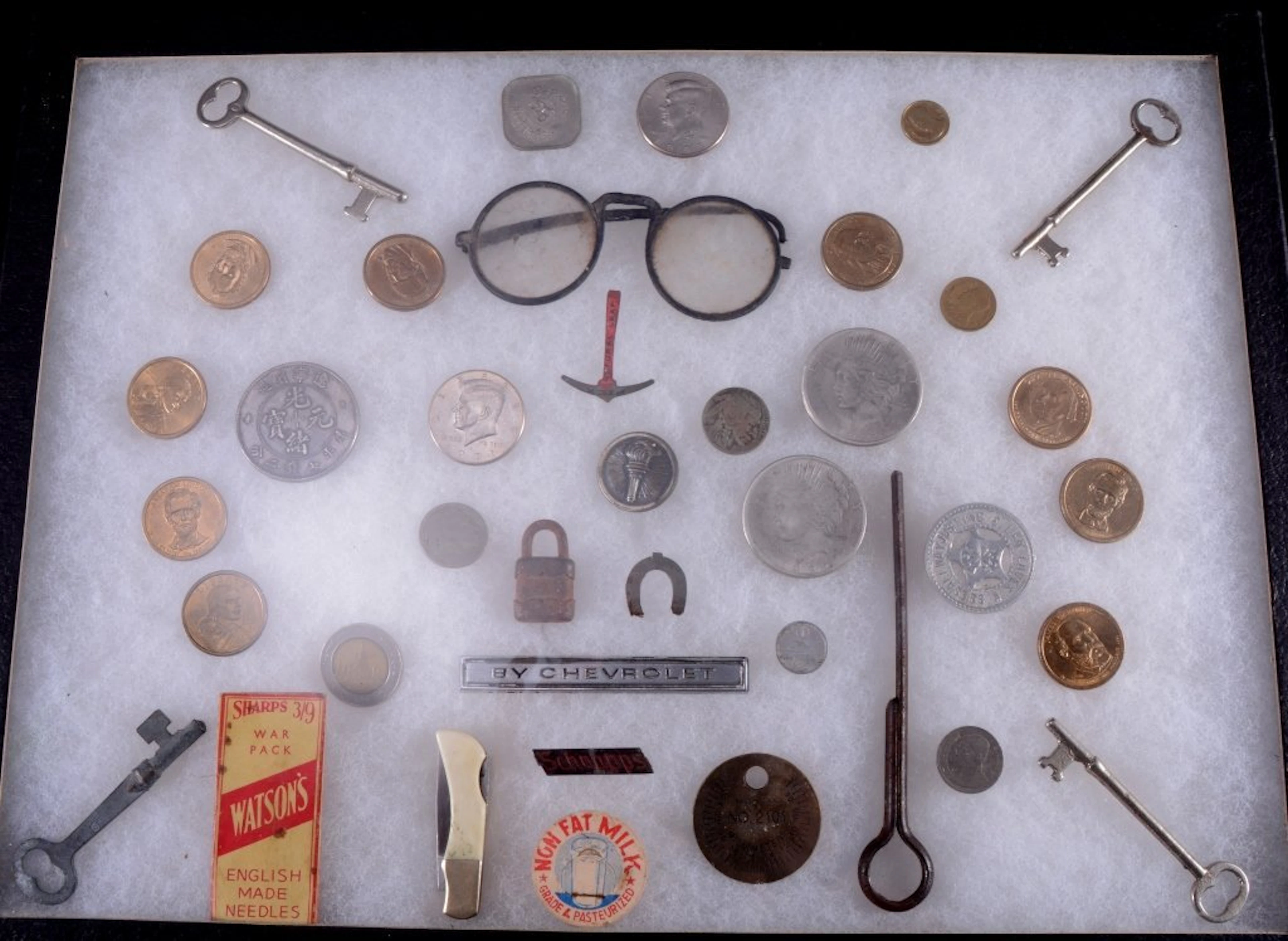 Assorted Coins, Knife, Glasses & More
